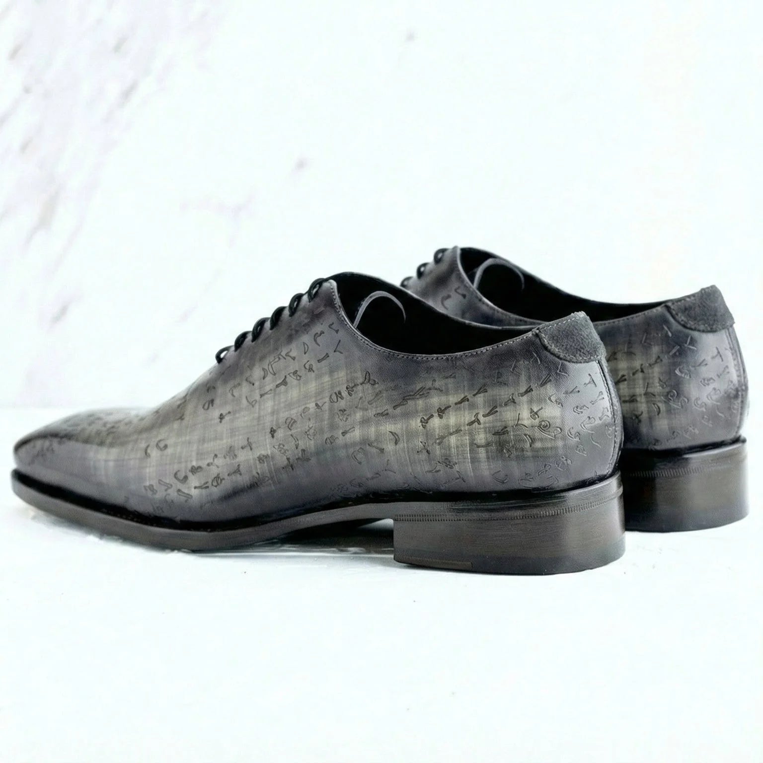 Black Arabic Matrix Night Patina shoes in Italian crust leather with engraved Arabic equations
