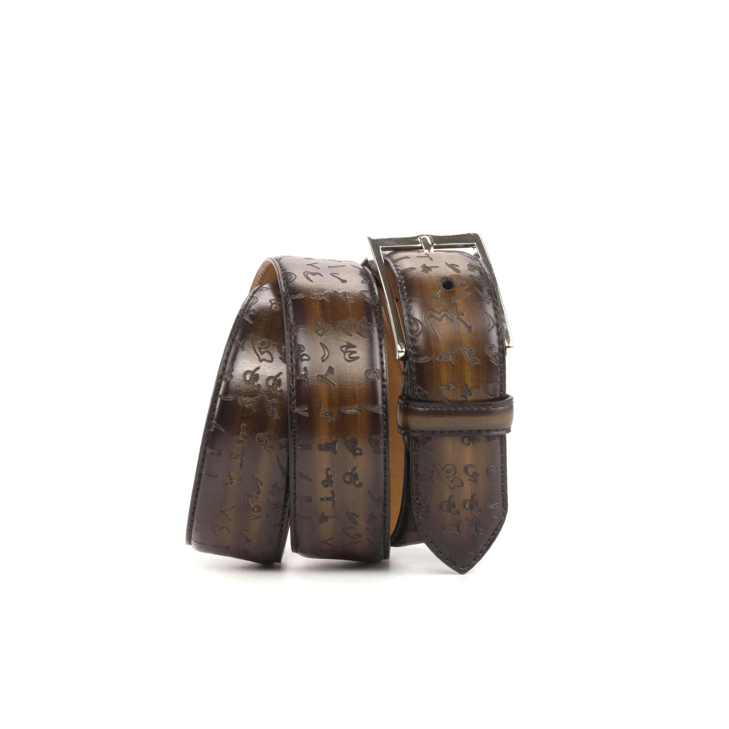 Brown leather belt featuring a patterned design, Arabic Matrix Patina Hamptons Belt