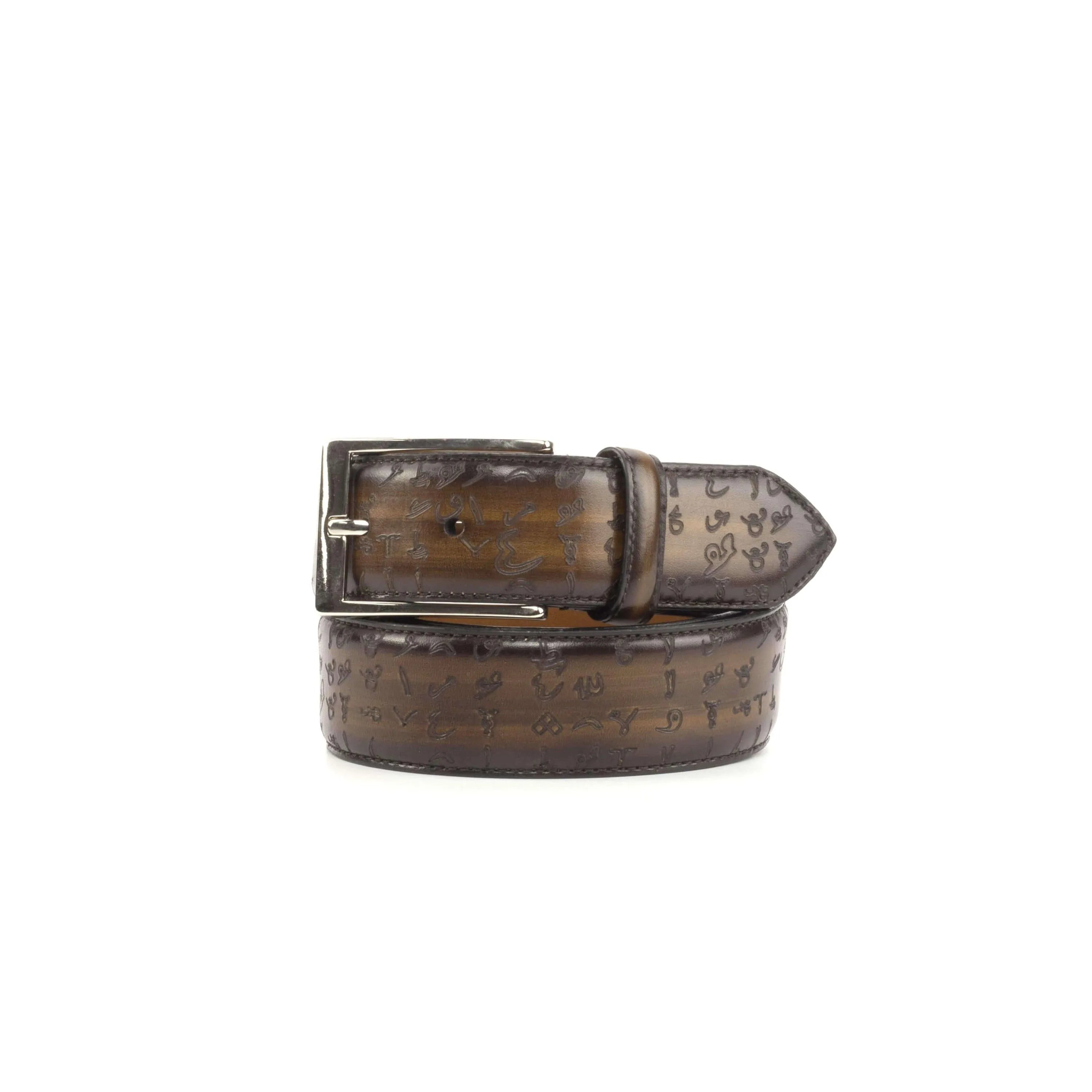 Brown leather Arabic Matrix Patina Hamptons Belt with silver buckle for stylish wear