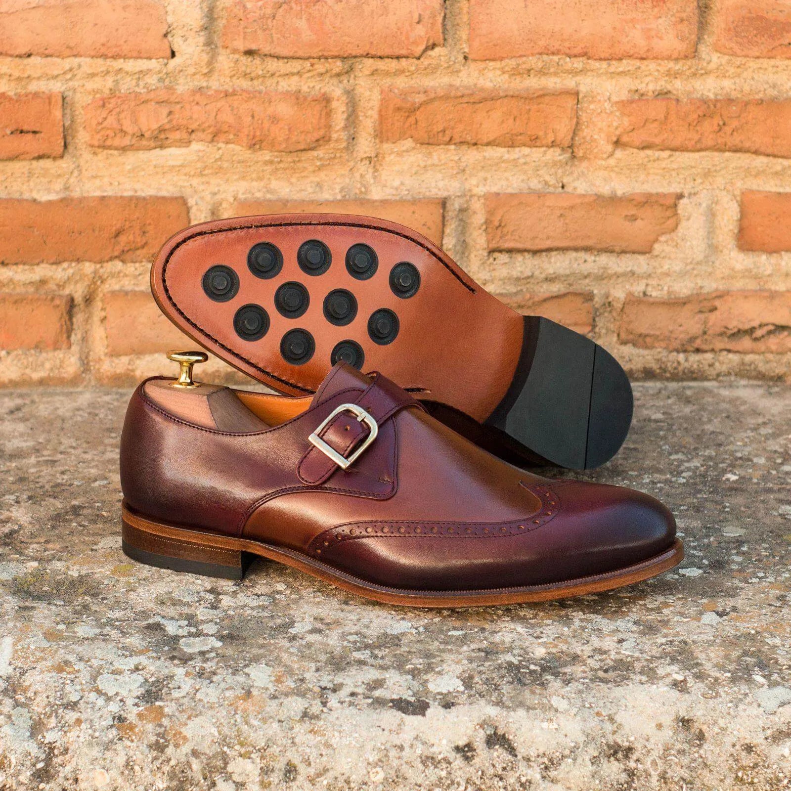 Burgundy leather Aranck Single Monk Shoes II featuring a rounded toe design