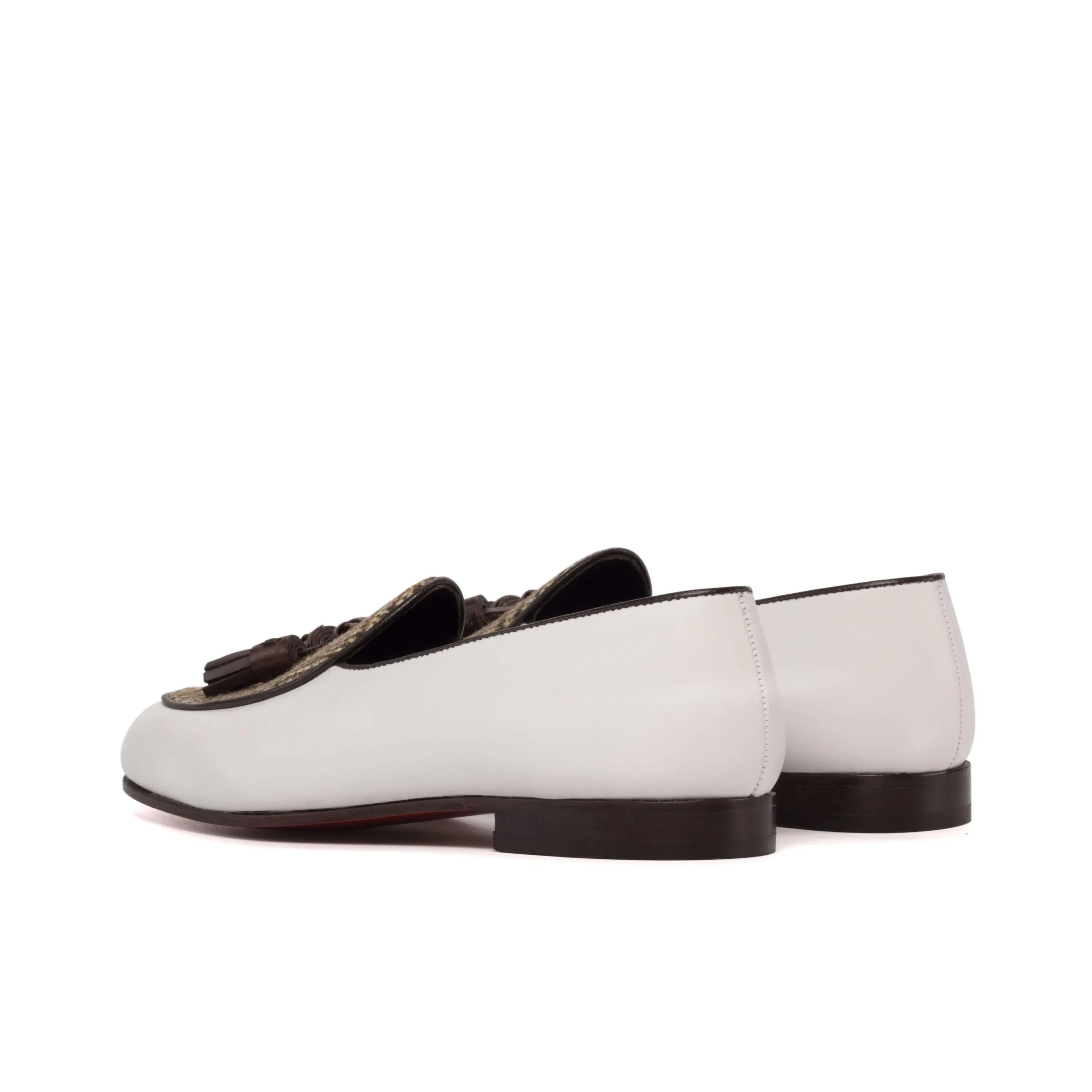 White leather tassel loafers, showcasing the Aristo Belgian Slipper design
