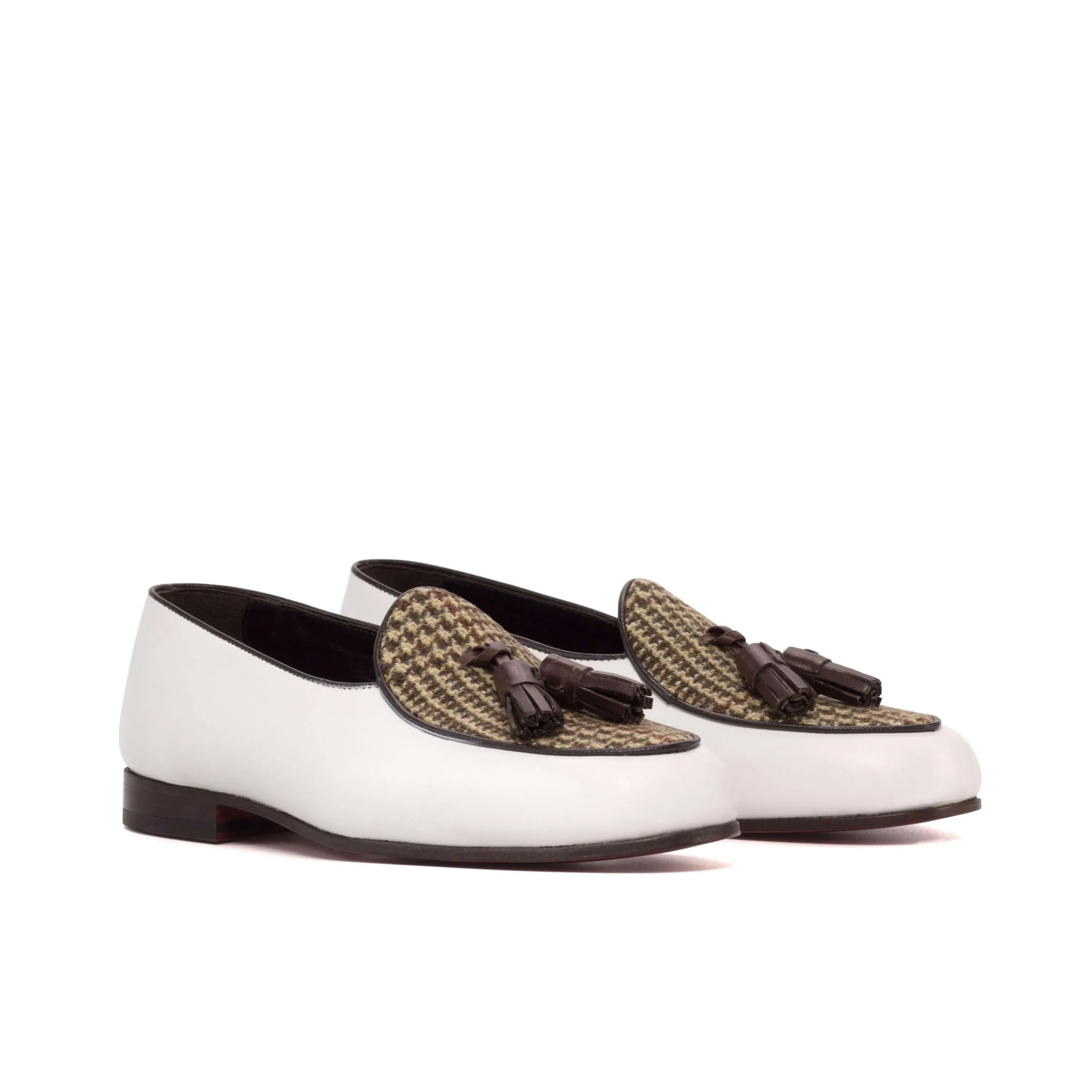 White leather tassel loafers, showcasing the elegant Aristo Belgian Slipper design