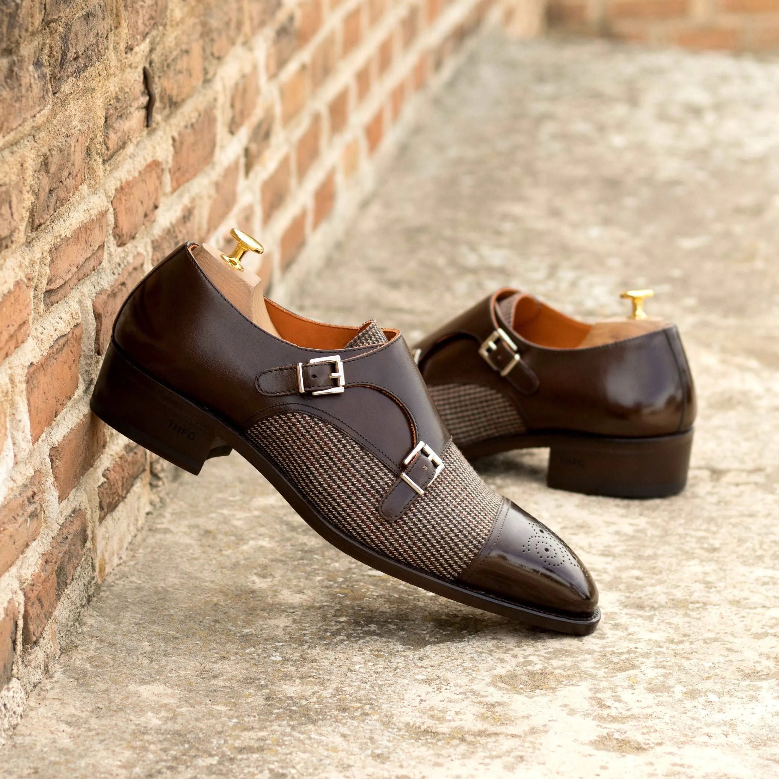 Brown leather and tweed Aristo Double Monk shoes with elegant double monk patina