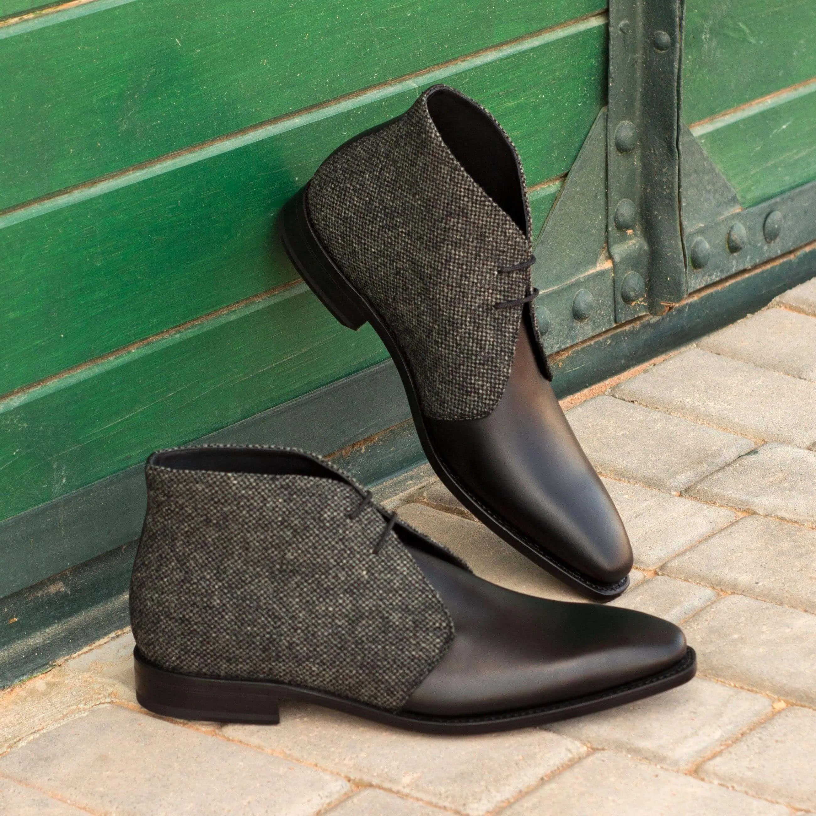Two-toned leather and tweed Artemon Chukka boots displayed elegantly
