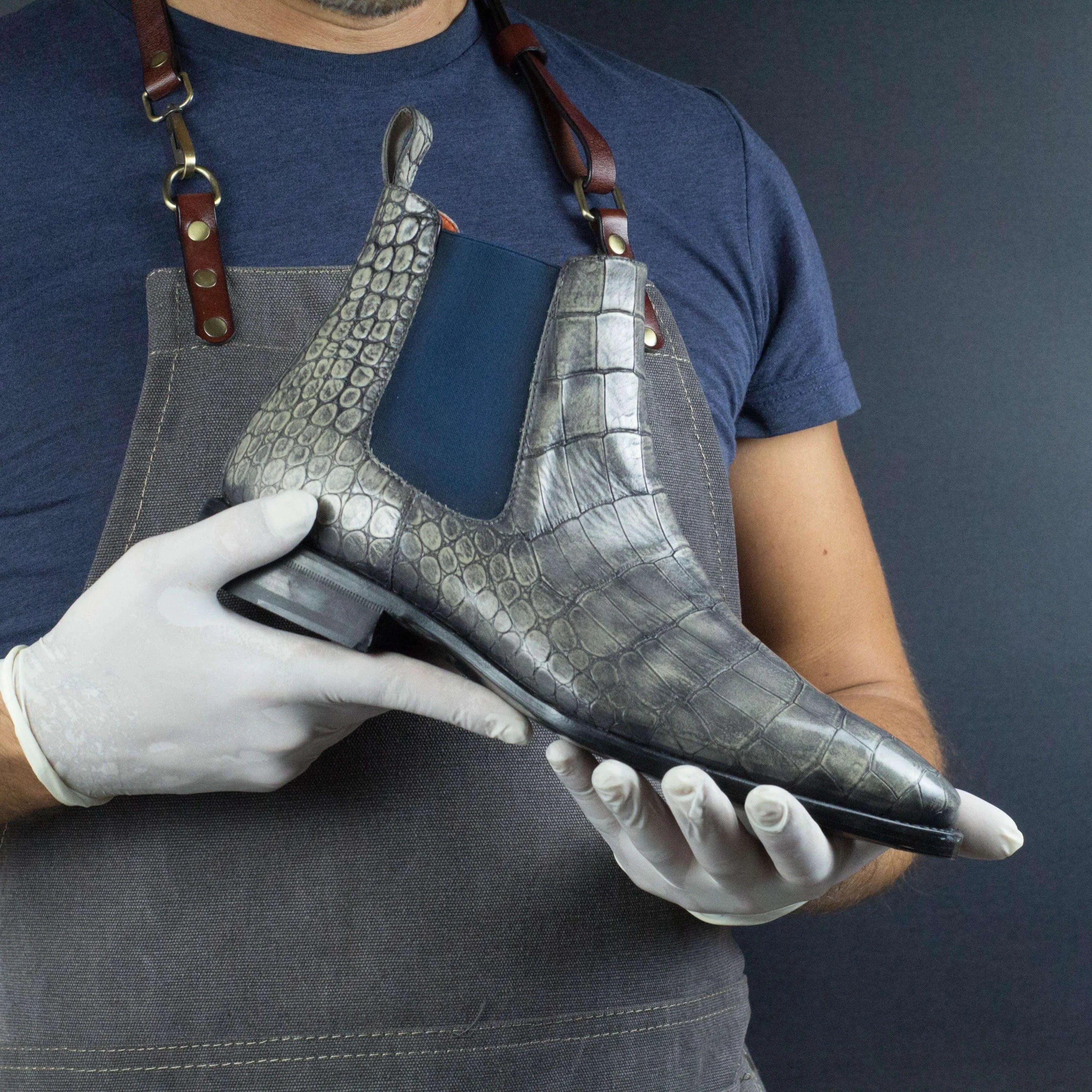 Gray crocodile-patterned Ash Croc Chelsea Boots II with a stylish fiddle waist design