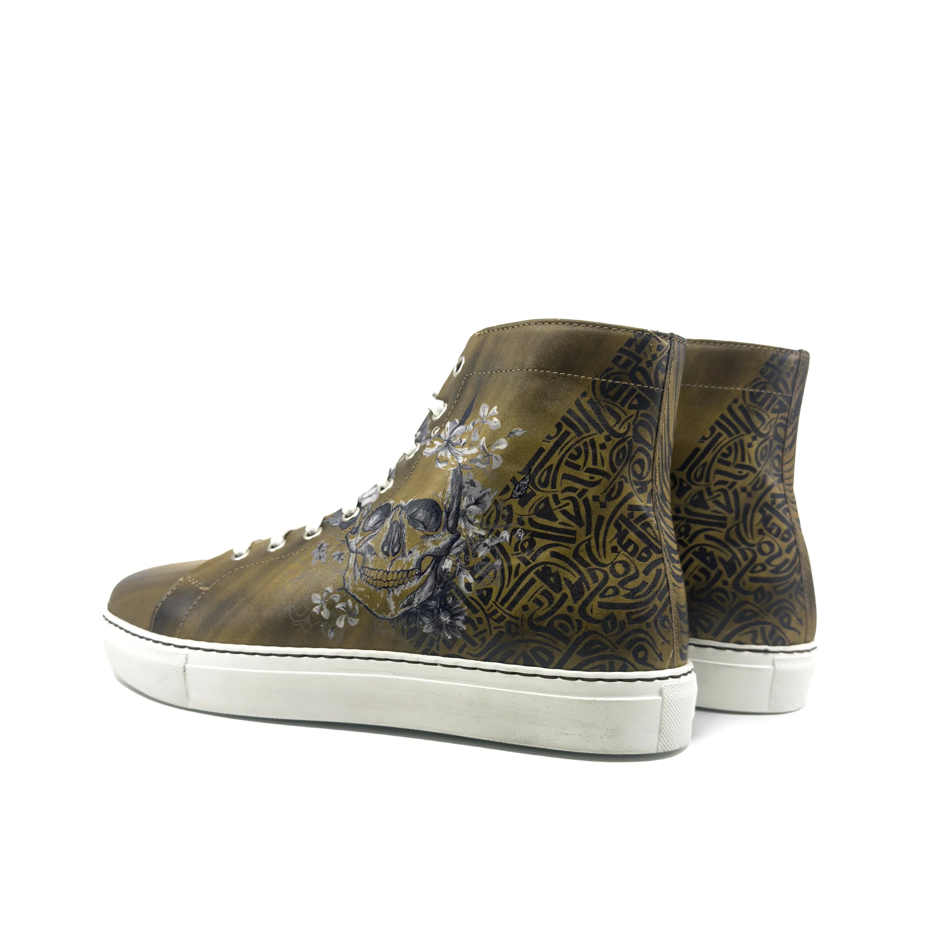Olive green Awake Americana High Top sneakers with skull and floral calf leather design