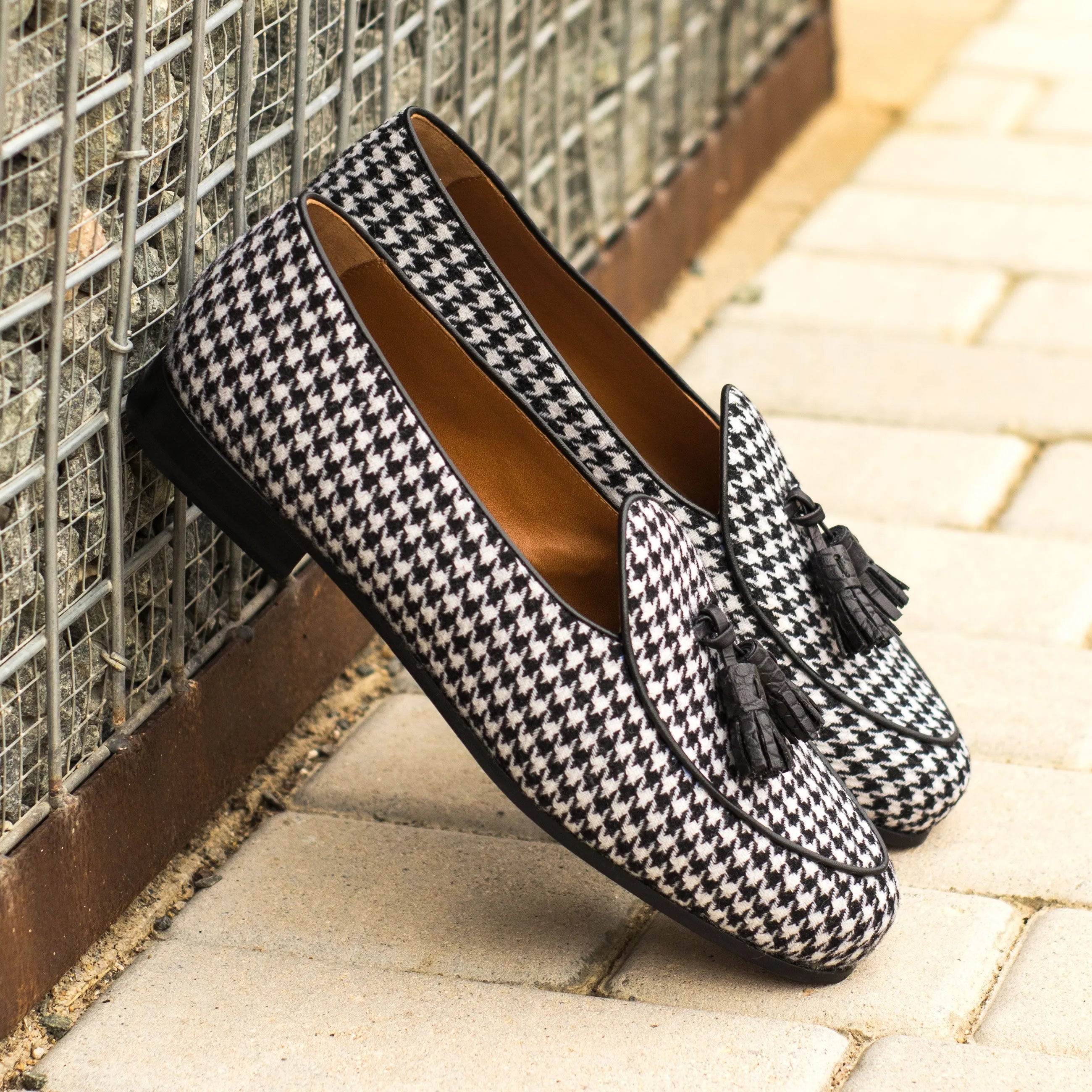 Houndstooth patterned tassel loafers from the Azar Belgian Slipper collection