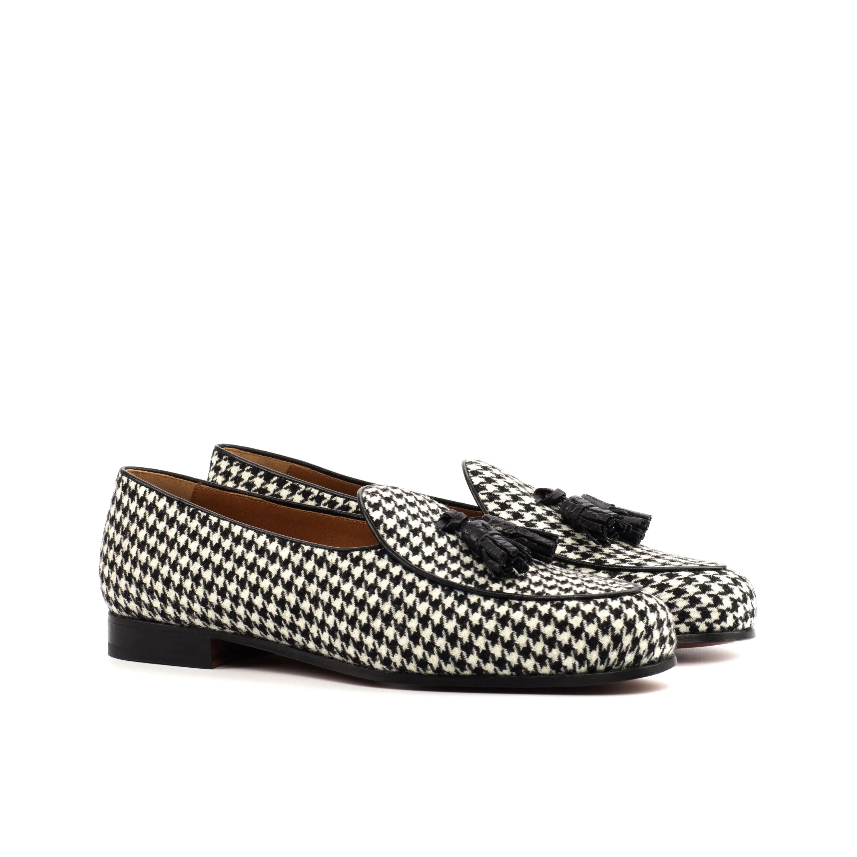 Houndstooth tassel loafers in the Azar Belgian Slipper style for sophisticated looks