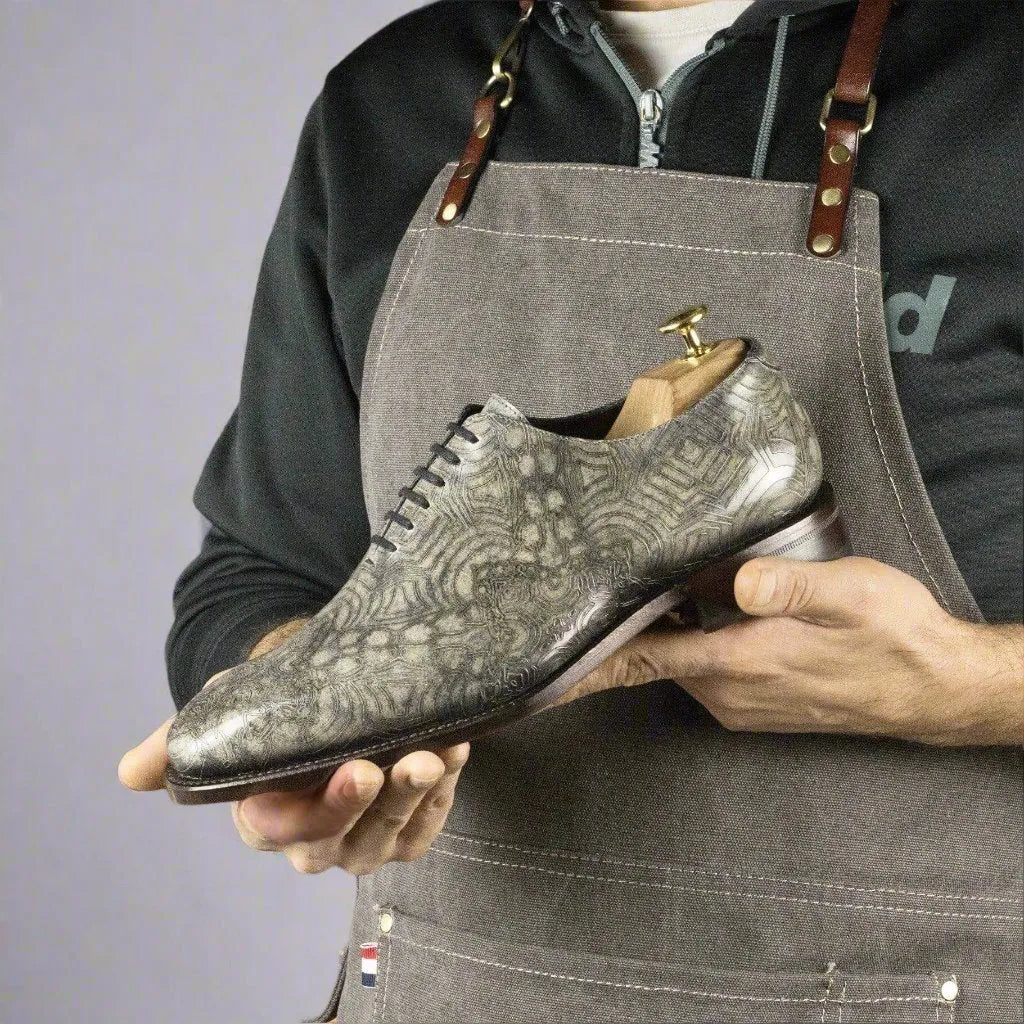 Gray patterned leather dress shoe, Aztika Patina Wholecut, perfect for sophisticated style