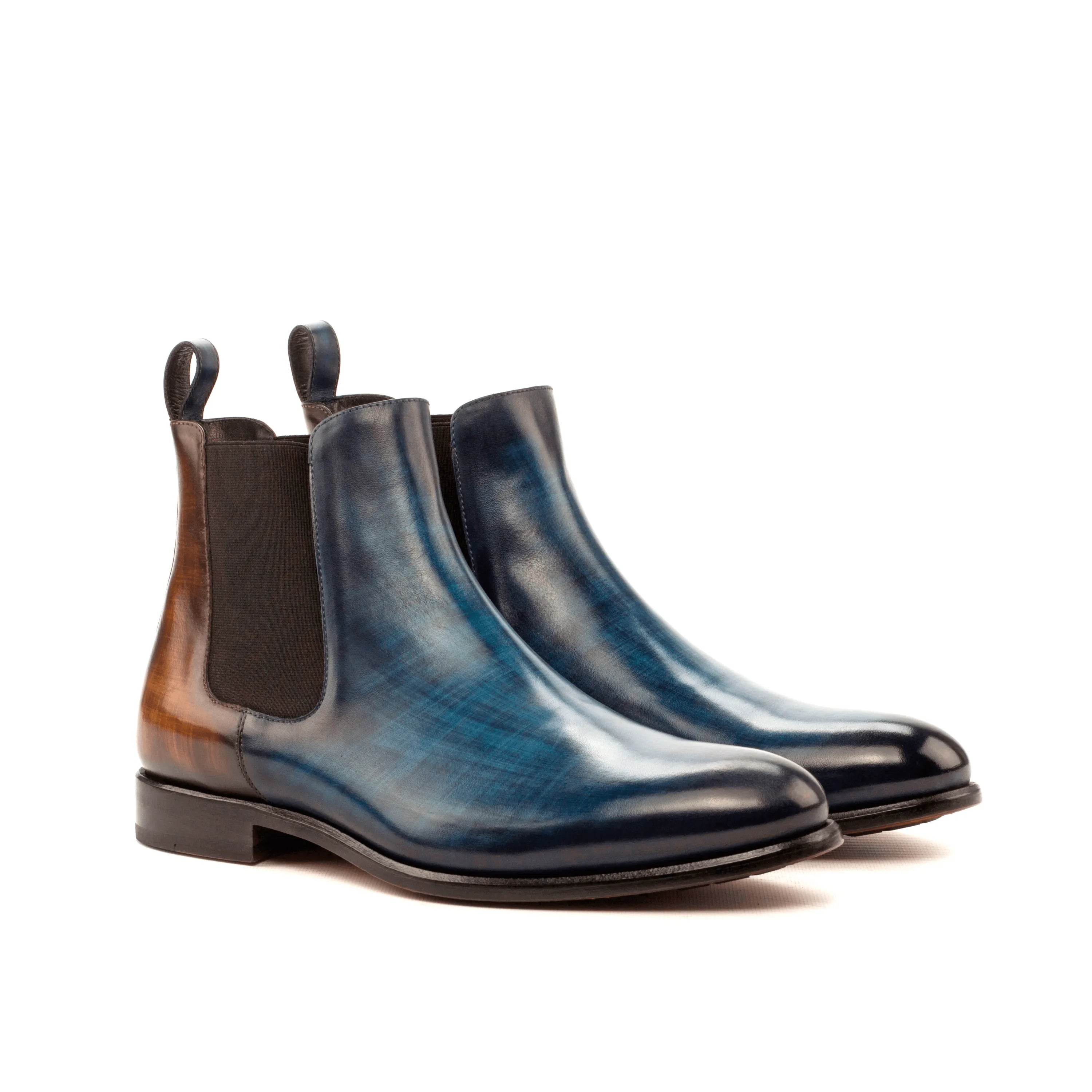 Pair of blue leather Babak Patina Chelsea Boots II featuring a stylish crust patina