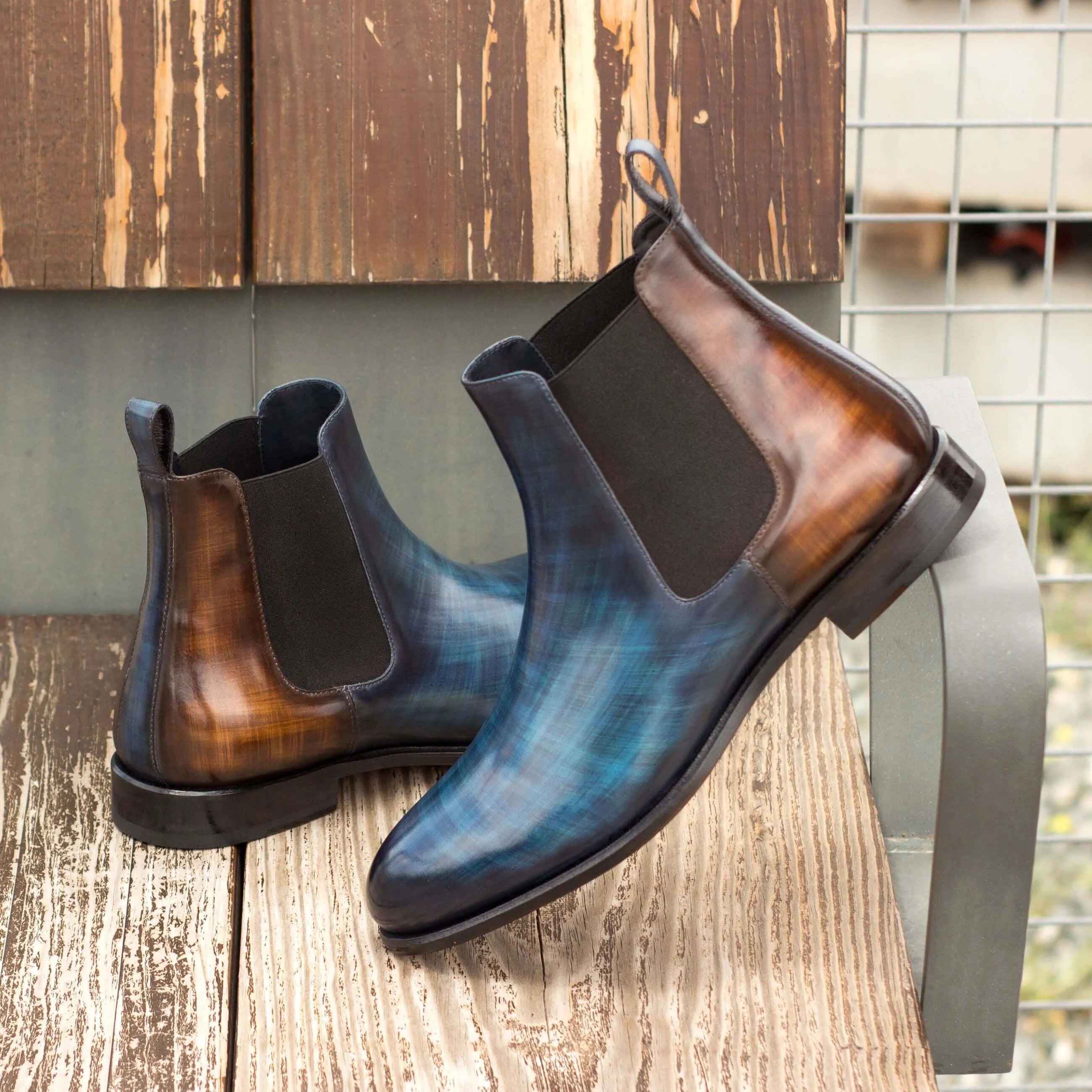Two-toned leather Babak Patina Chelsea boots showcasing crust patina craftsmanship