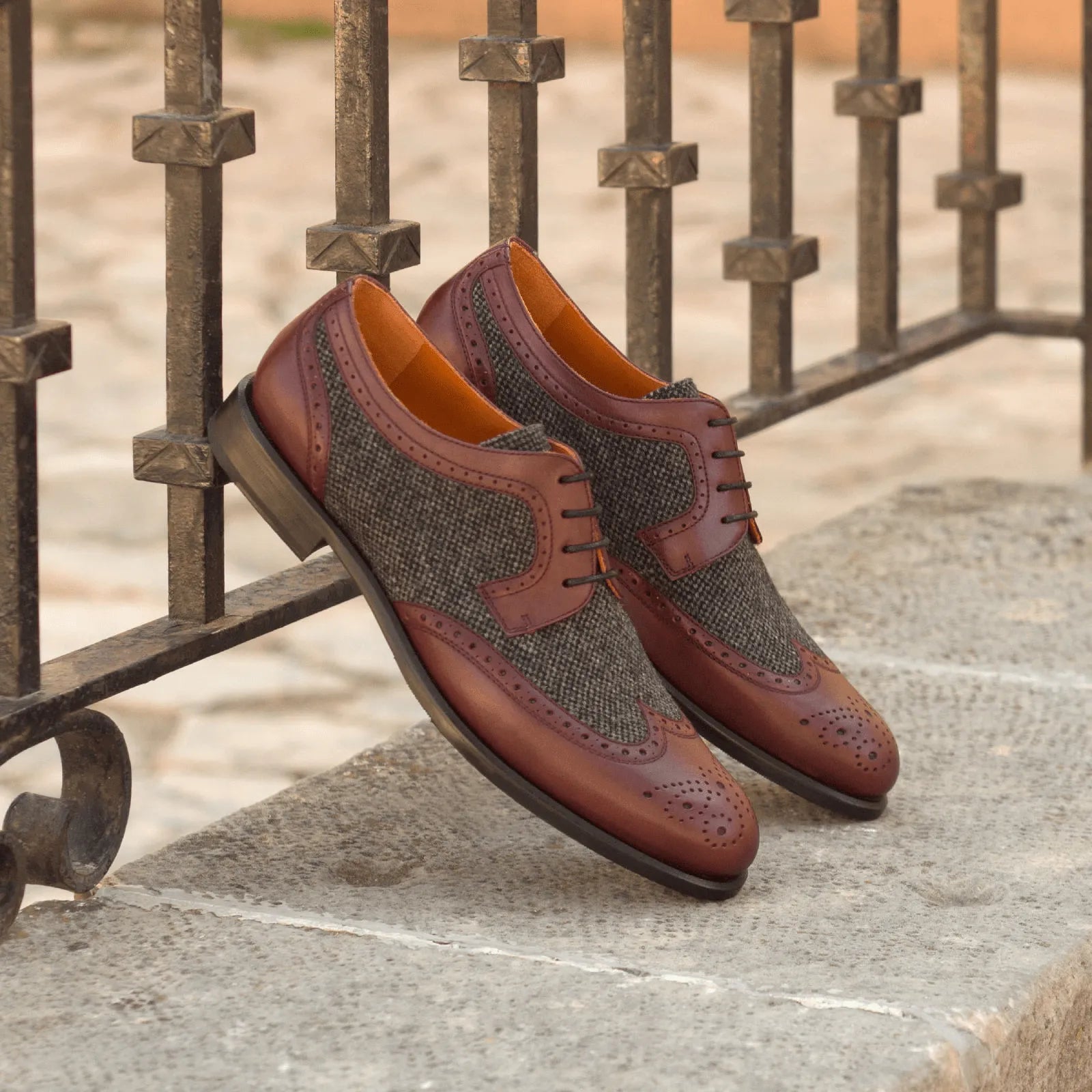 Leather and tweed Balbina Ladies Derby Wingtip shoes, featuring classic wingtip blucher design