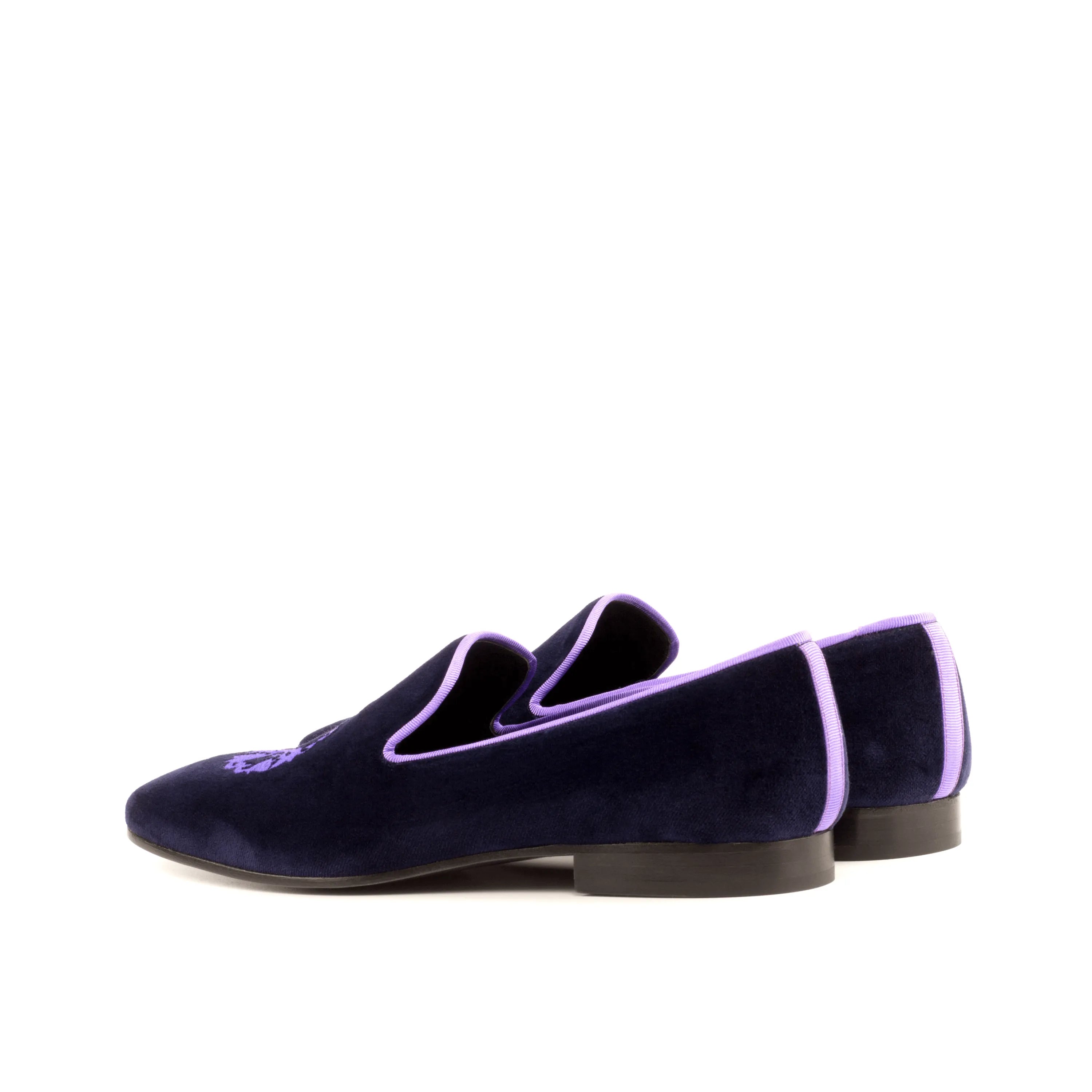 Navy velvet Bali Drake slipon loafer featuring elegant purple trim for stylish comfort