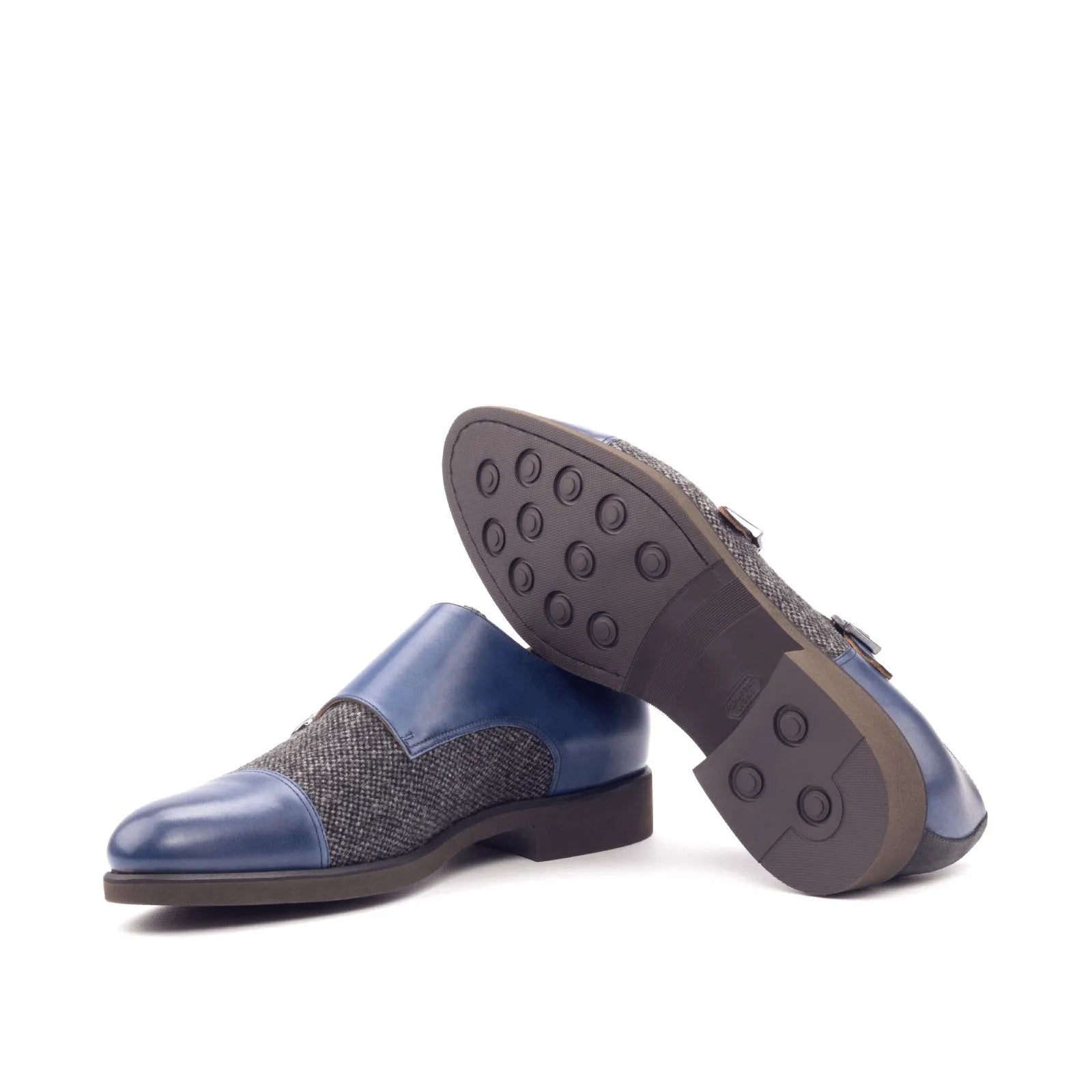 Blue and gray Balti Double Monk shoes featuring stylish double monk patina design