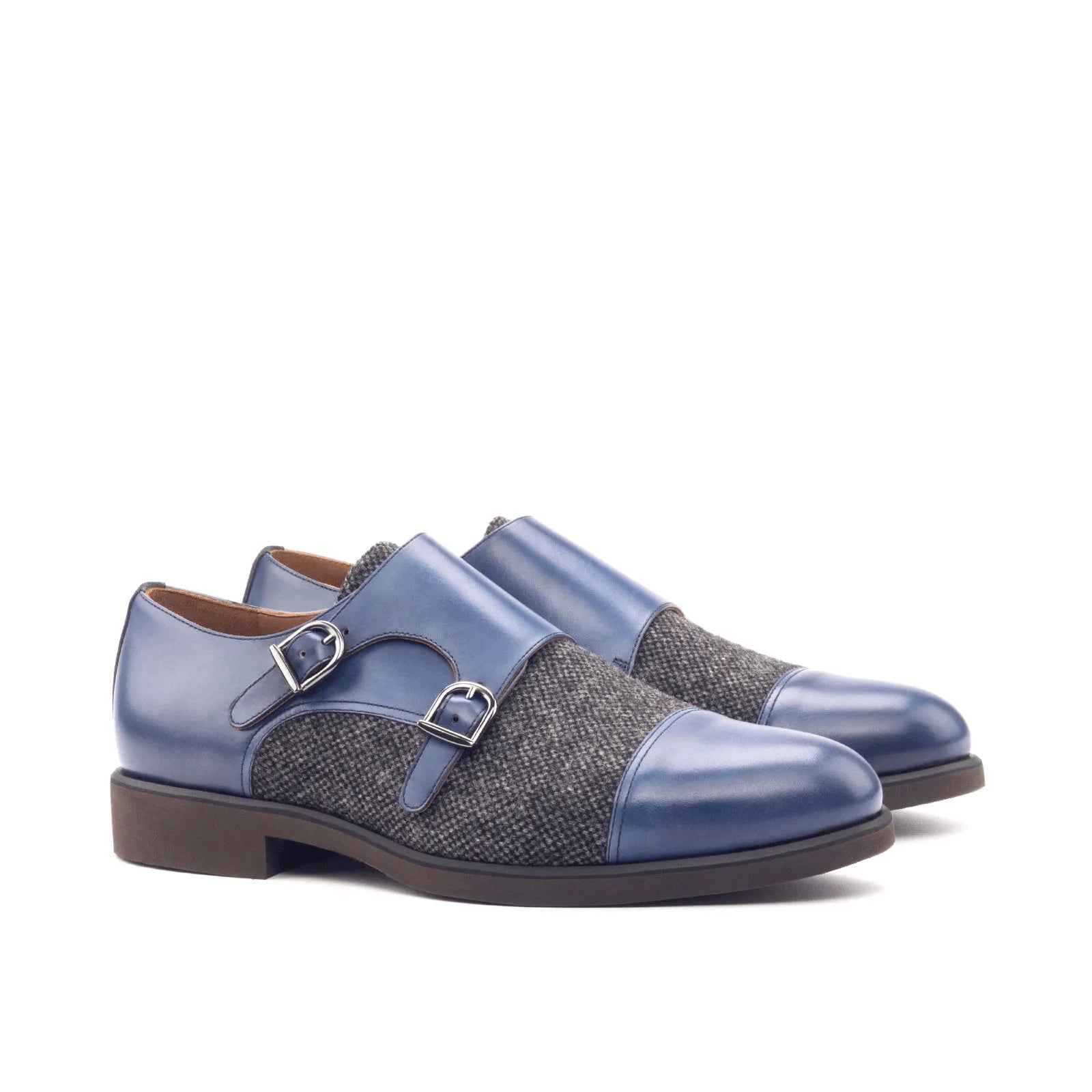 Blue and gray Balti Double Monk shoes featuring a refined double monk patina design
