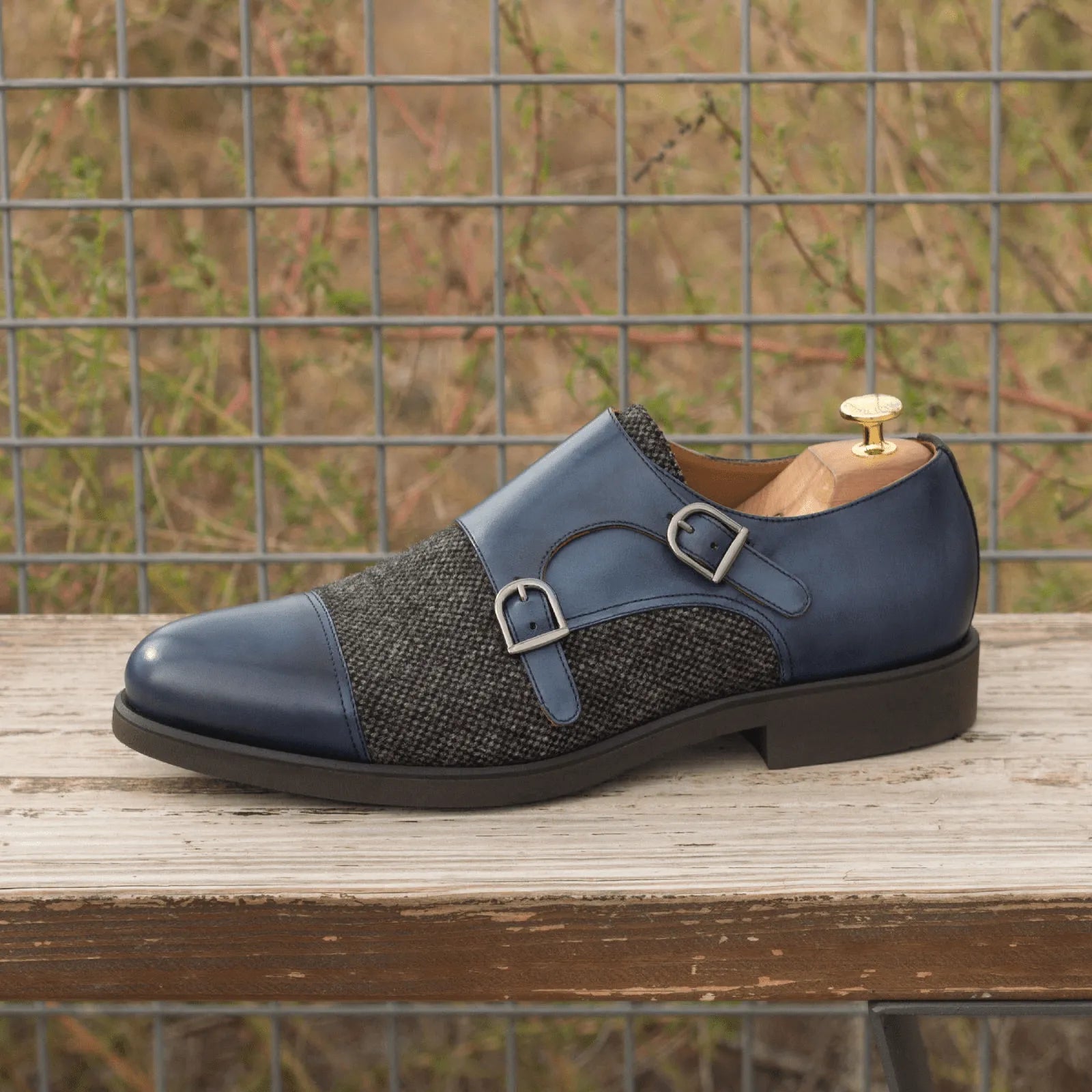 Blue leather and tweed Balti Double Monk shoe showcasing elegant double monk patina