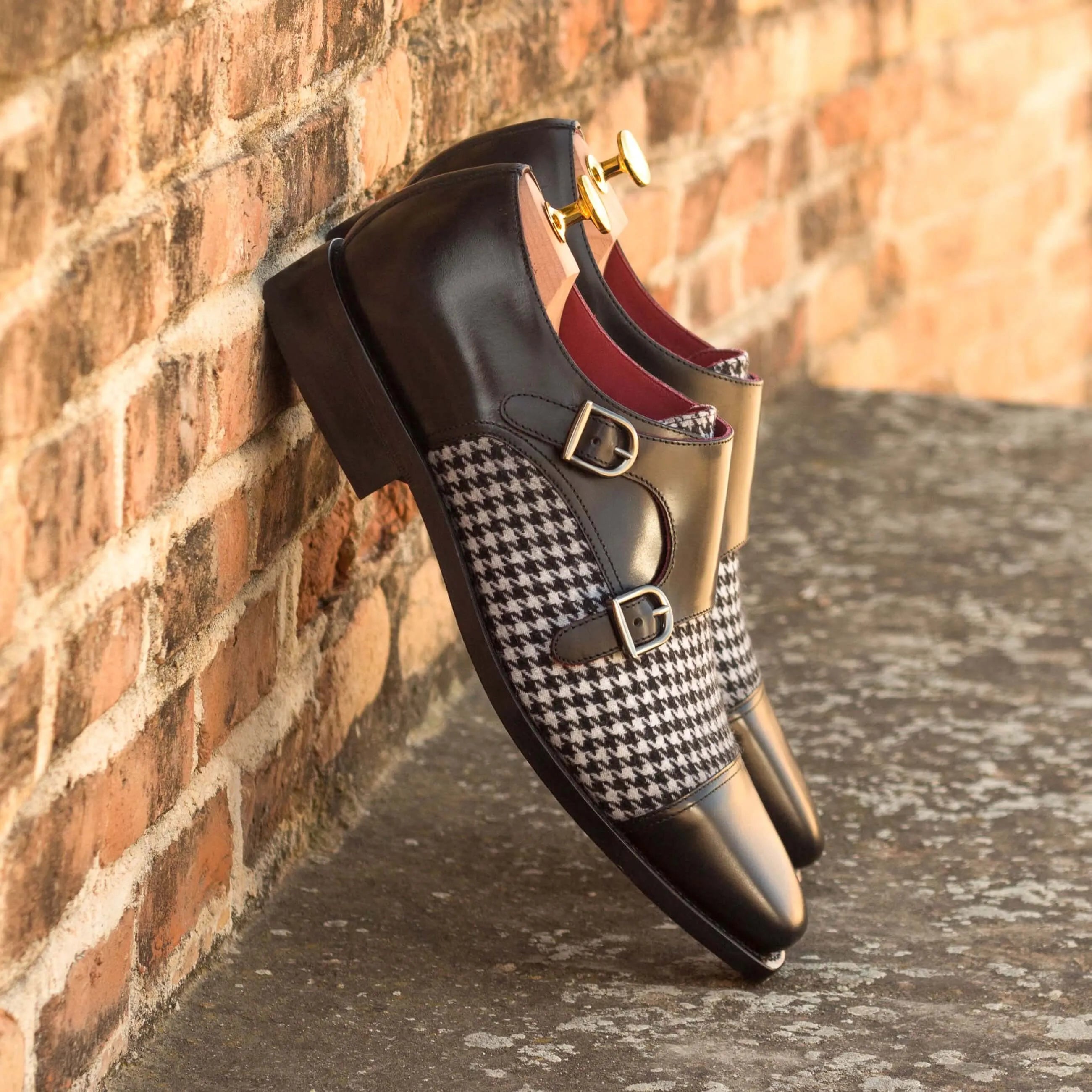 Houndstooth and leather Battani Double Monk II shoes in double monk style