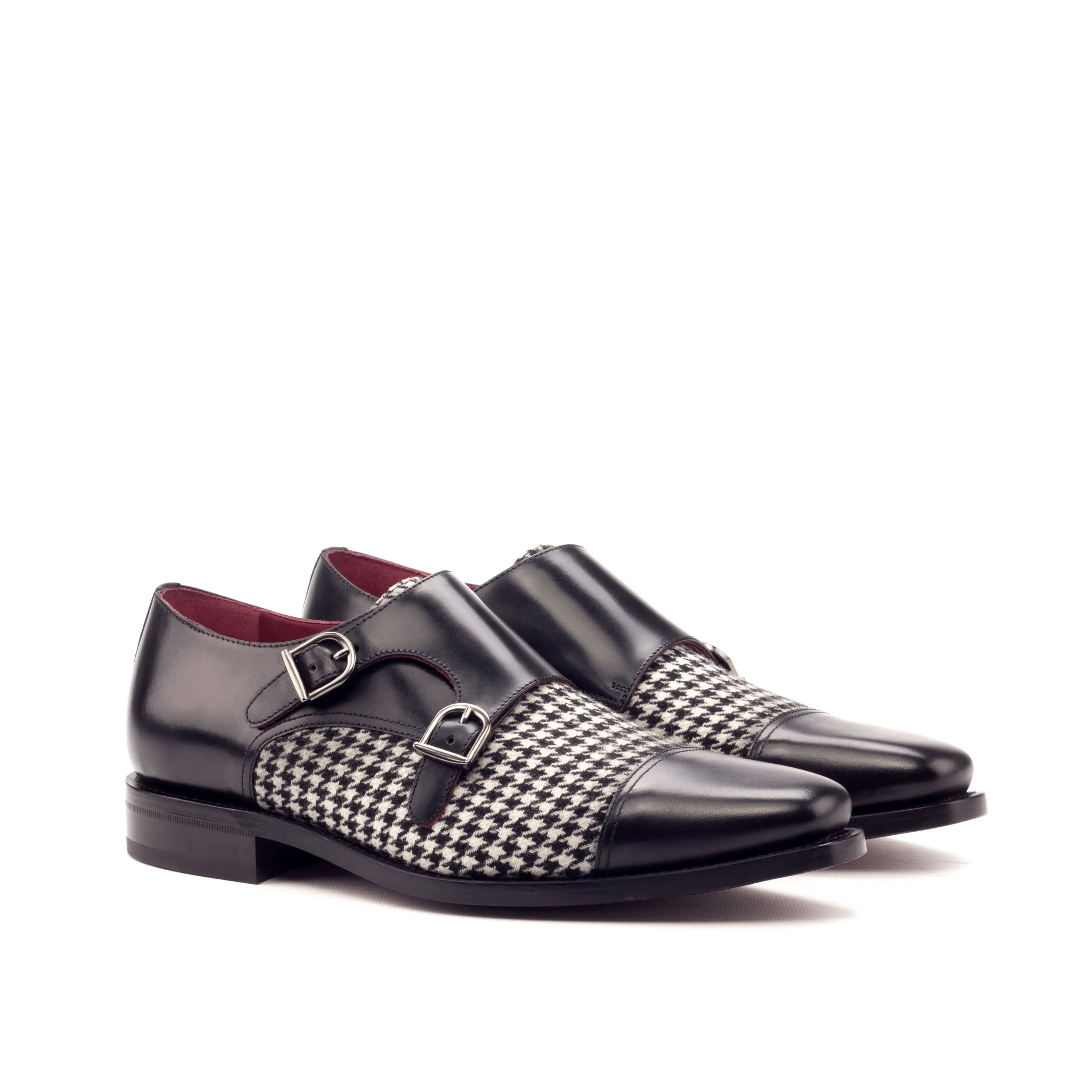 Black and white houndstooth Battani Double Monk strap shoes for stylish formal wear