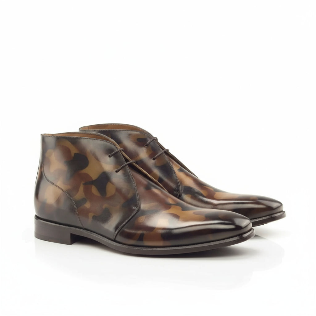 Camouflage leather Battle Patina Chukkas showcasing a unique distressed finish