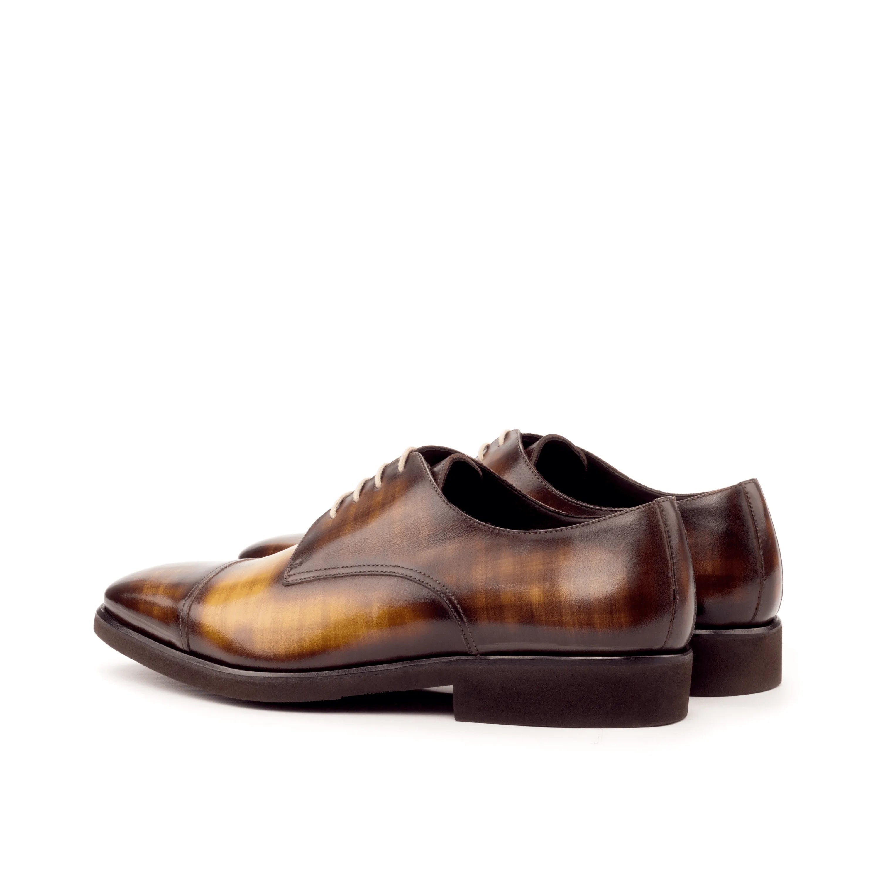 Brown leather dress shoes, Belem Patina Derby II, showcasing elegant patina finish