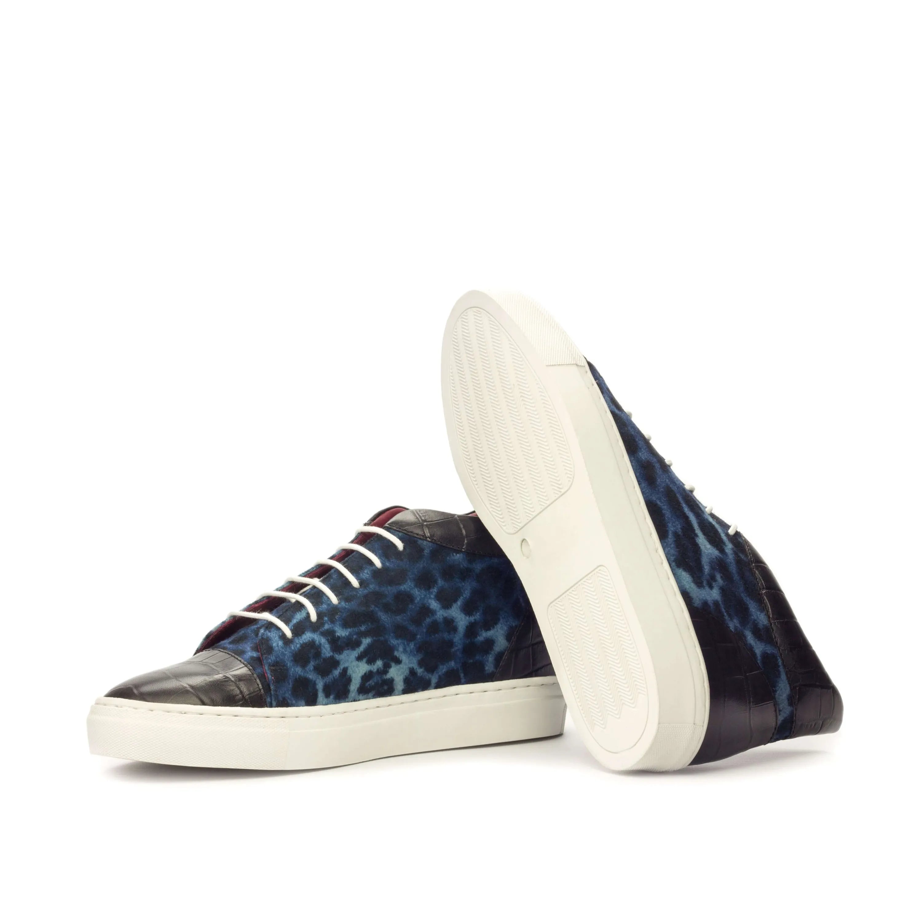 Belen high top sneakers featuring a blue leopard print design for luxury bespoke shoes
