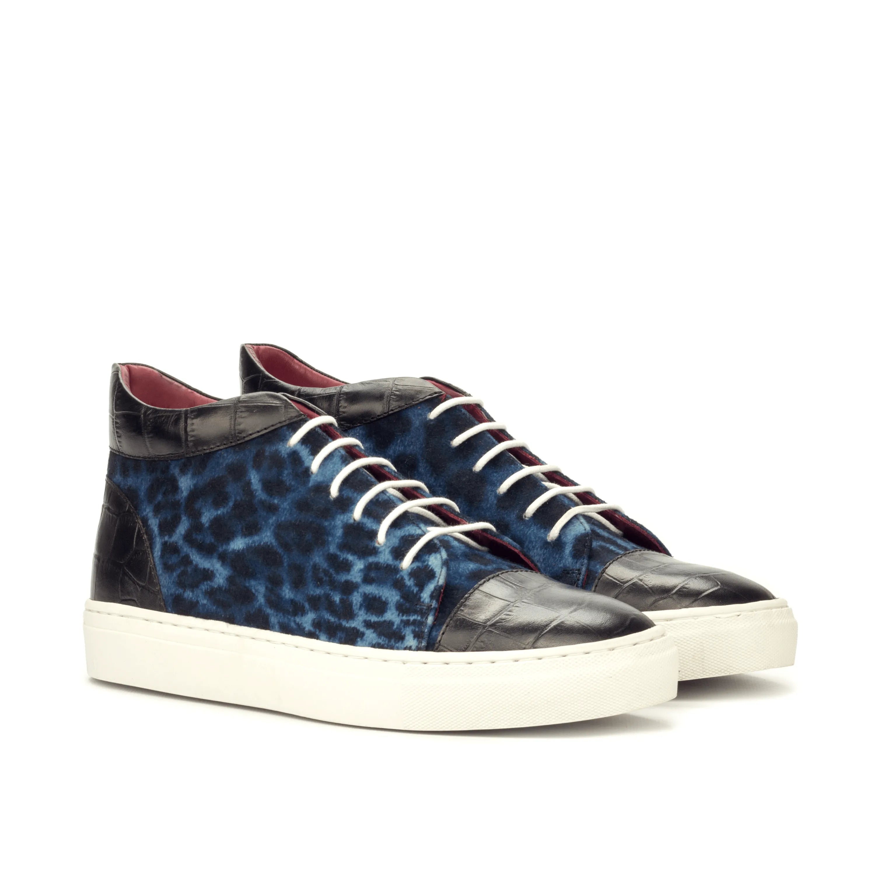 Blue leopard print Belen high top sneakers, luxury bespoke trainer sneakers for men