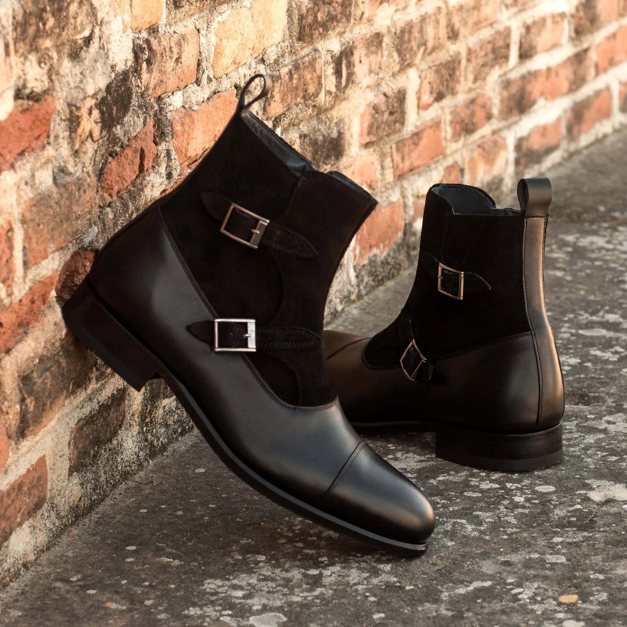 Black leather and suede monk strap Benny Octavian Boots showcasing modern elegance