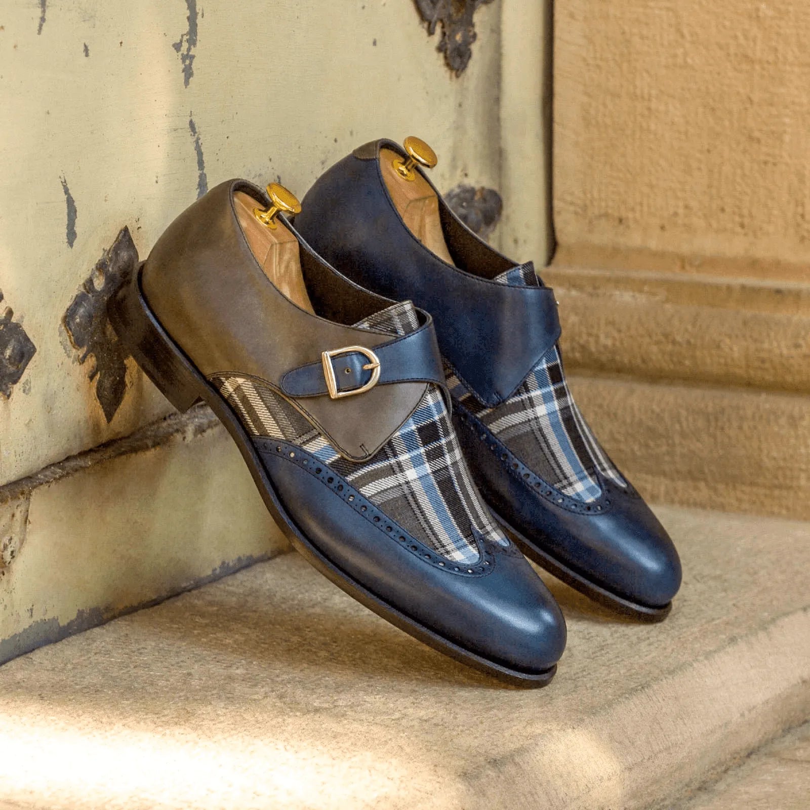 Two-toned plaid monk strap shoes in painted calf from Benz Single Monk II, featuring a rounded toe