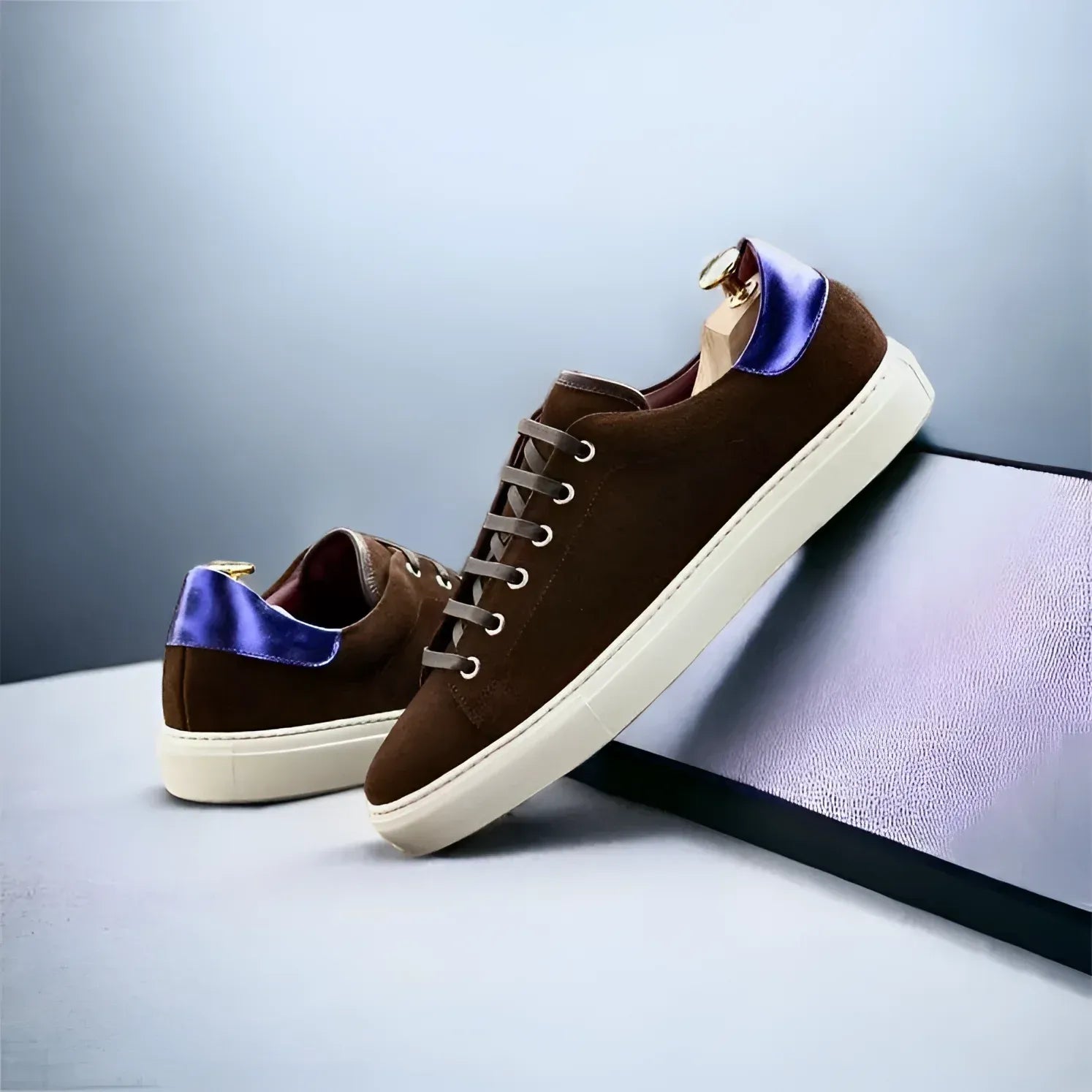 Brown suede Beyond Trainer Sneakers featuring blue heel detail and cupsole design