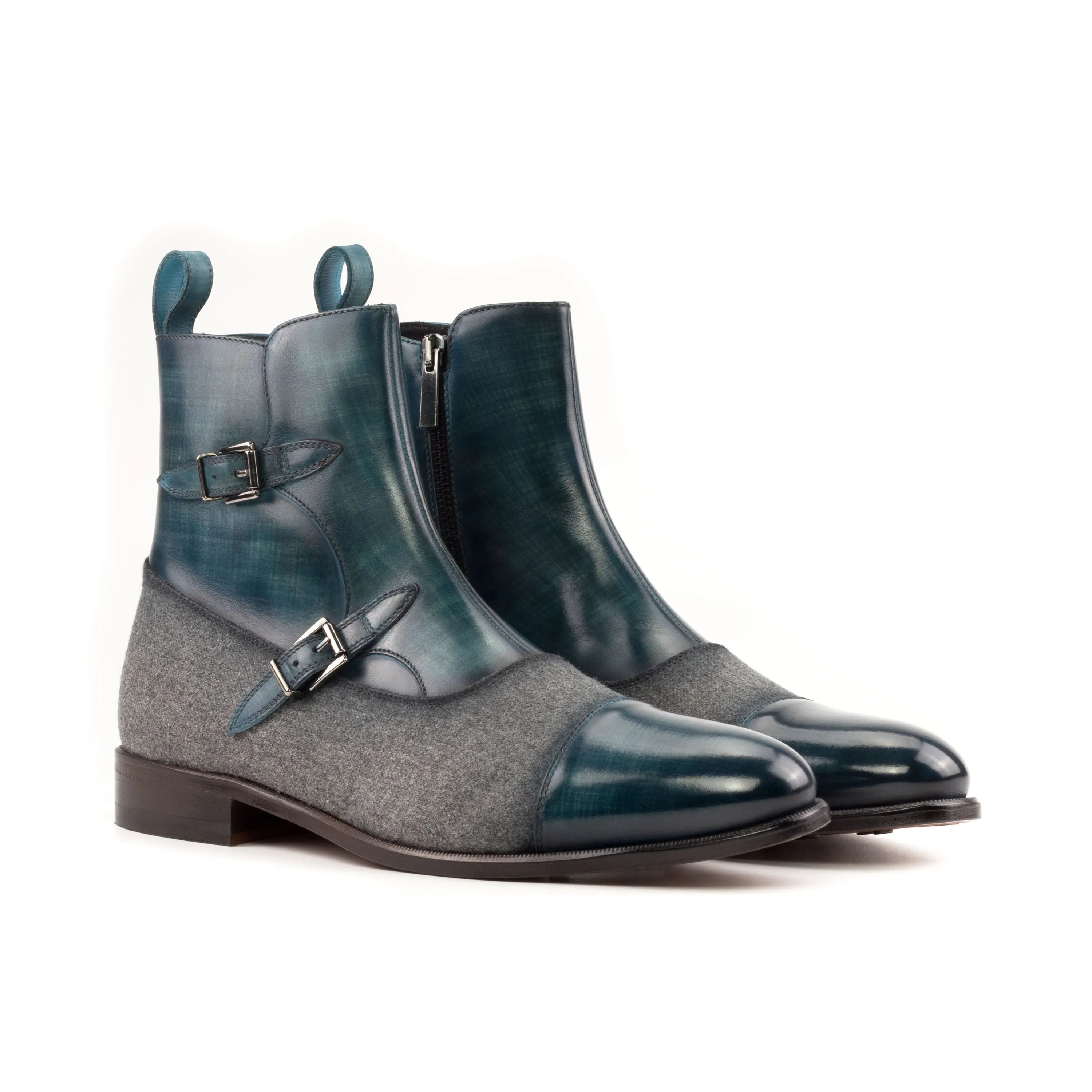 Two-tone leather and wool Biagio Octavian Patina Boots II showcasing elegant style