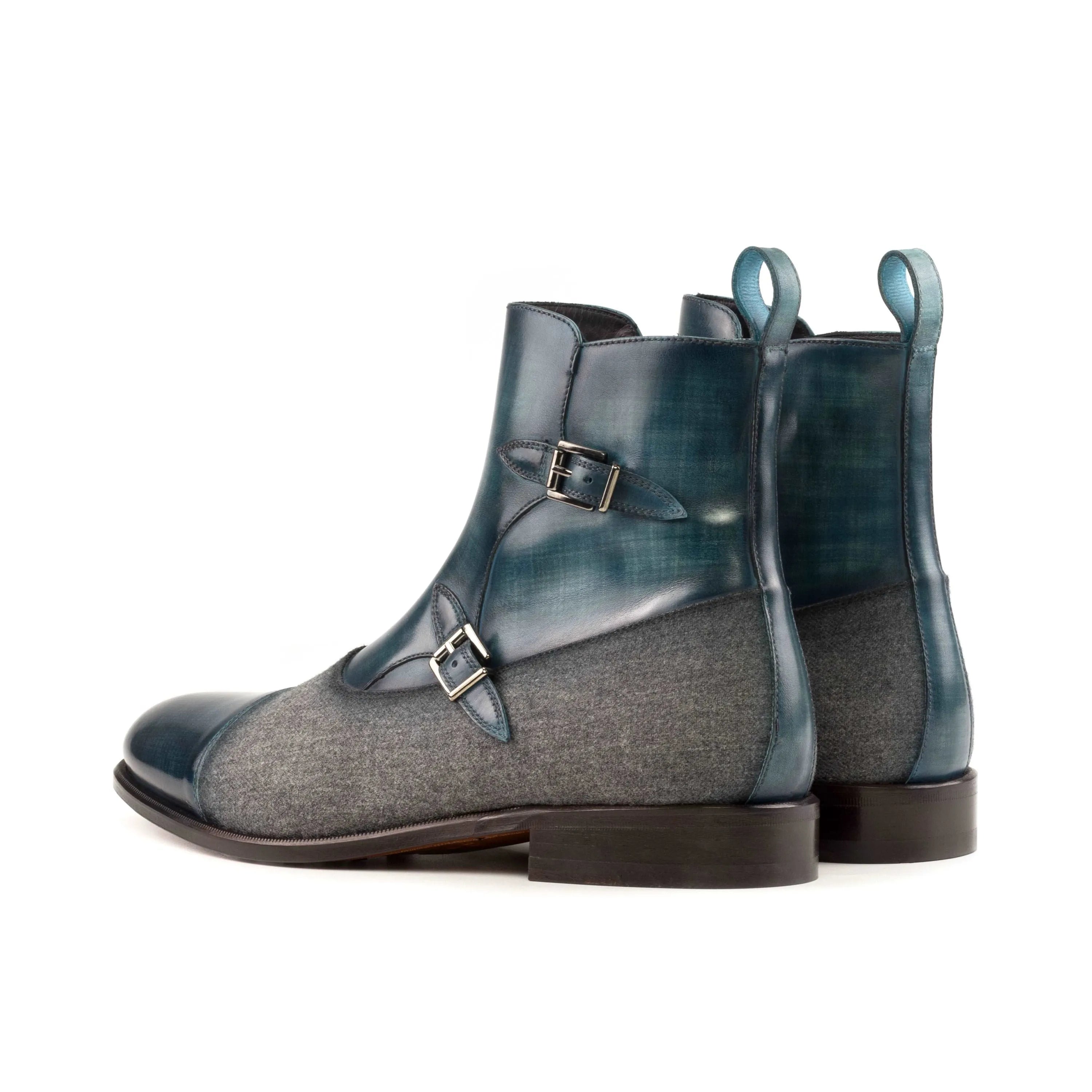 Two-tone leather and fabric Biagio Octavian Patina Boots featuring a stylish monk strap