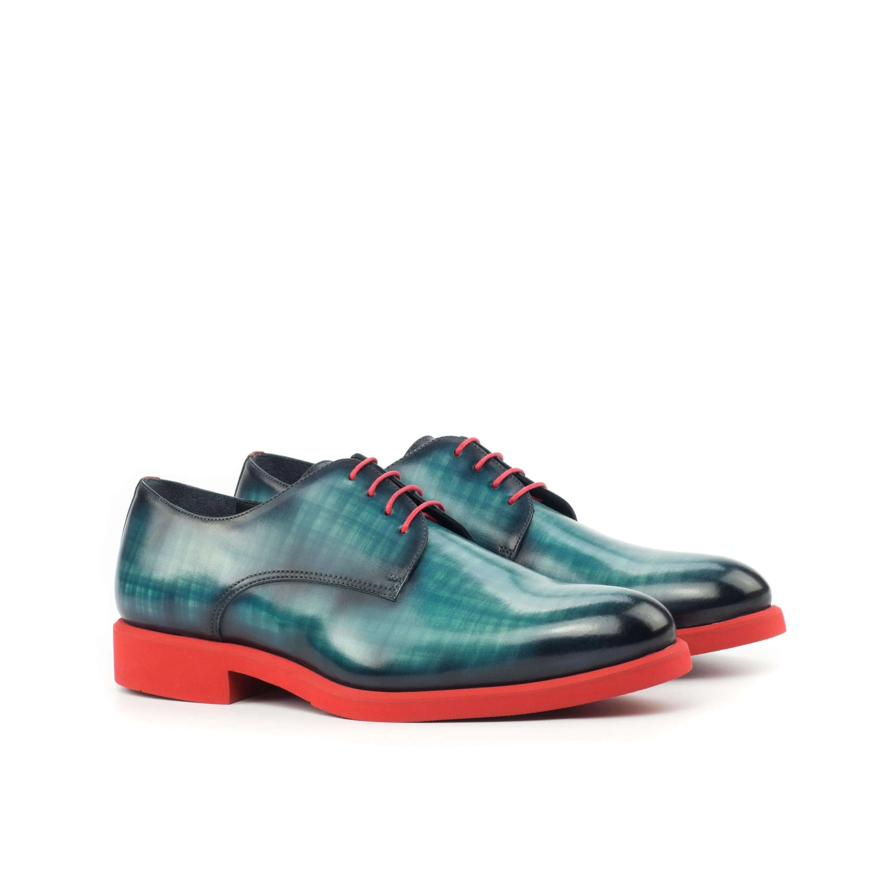 Blue and green leather Birmingham Patina Derby shoes with red soles and rounded toe design