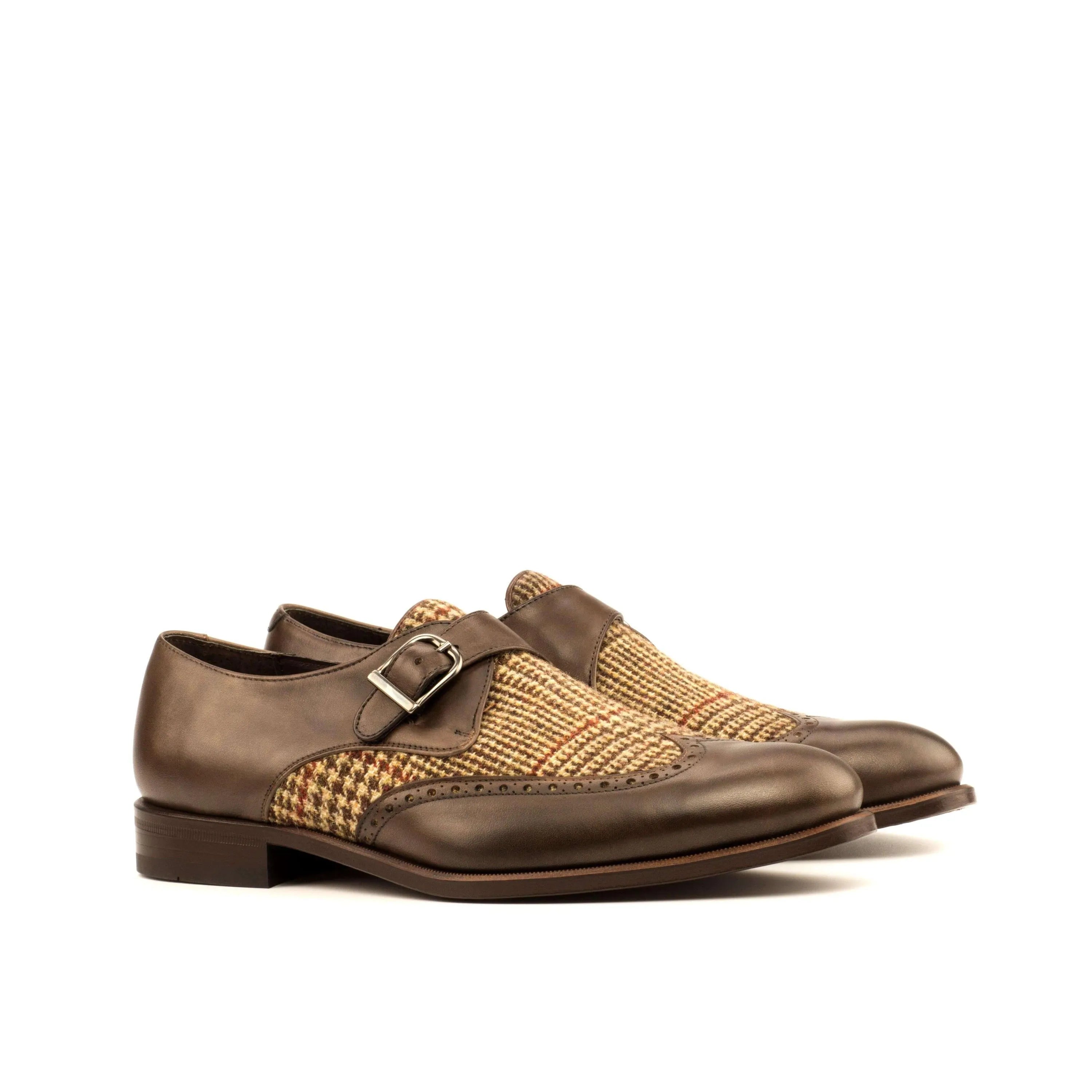 Brown leather and tweed rounded toe Bodaway Single Monk Shoes II for sophisticated style
