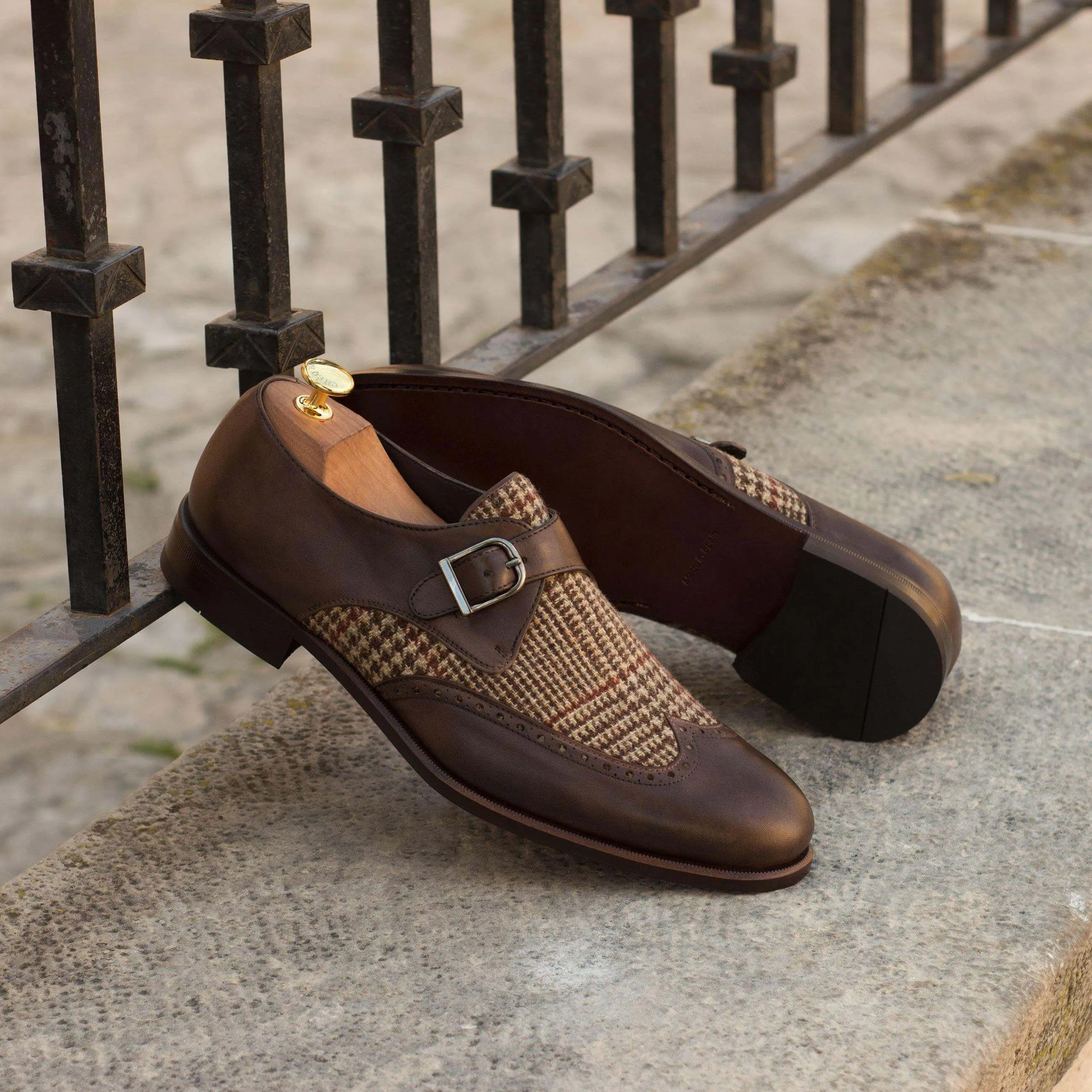 Brown leather and tweed Bodaway Single Monk Shoes II featuring a rounded toe design