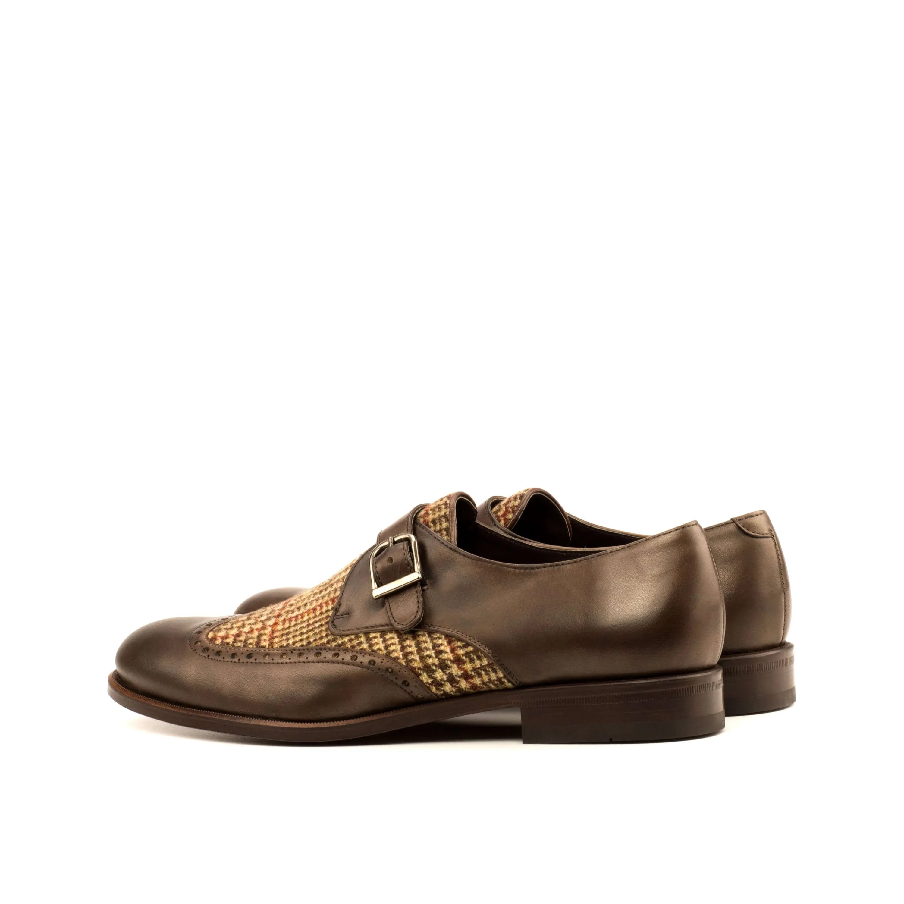 Brown leather and tweed Bodaway Single Monk Shoes, elegant single monk shoes for men