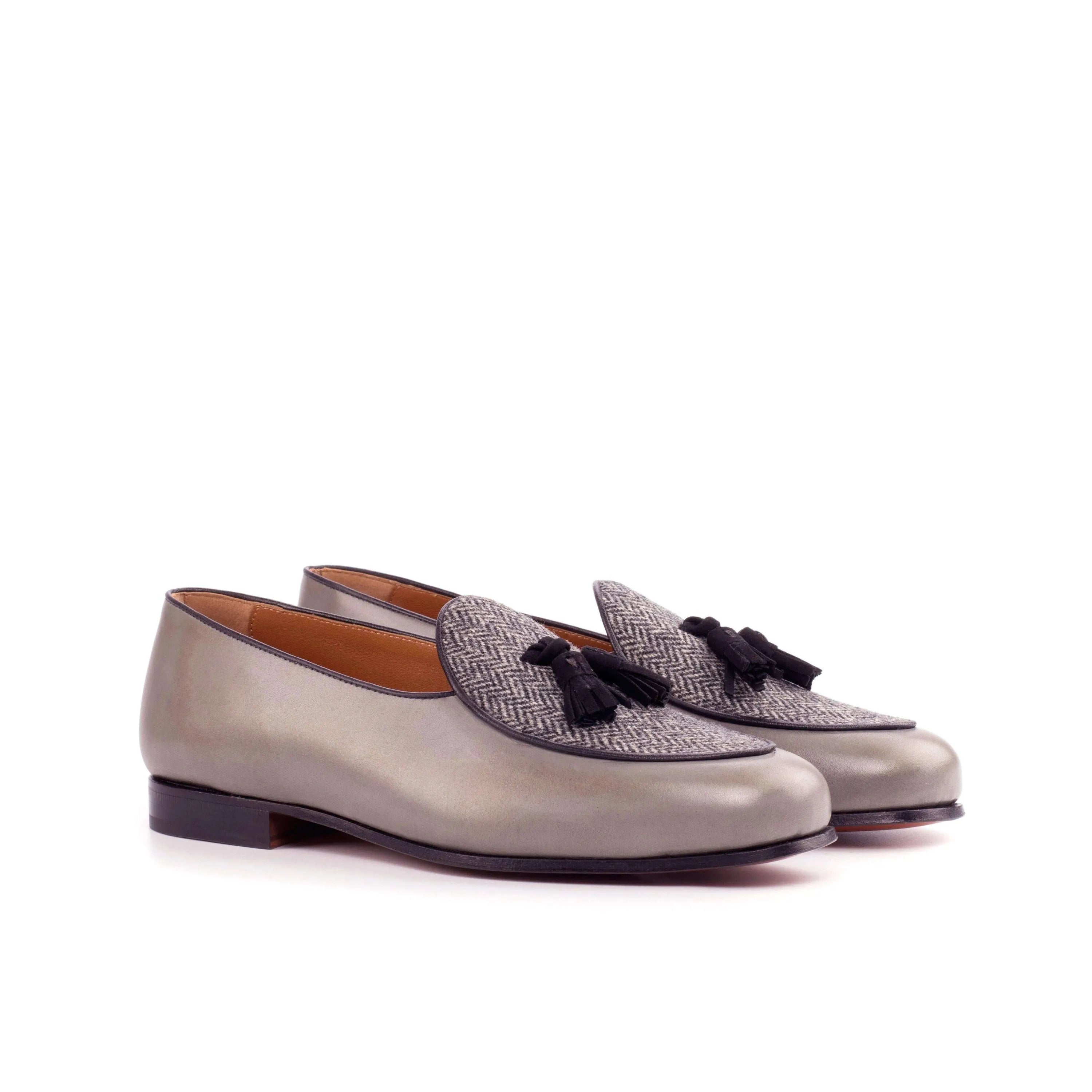 Gray leather tassel loafers featured as Boni Belgian Slipper in painted calf design