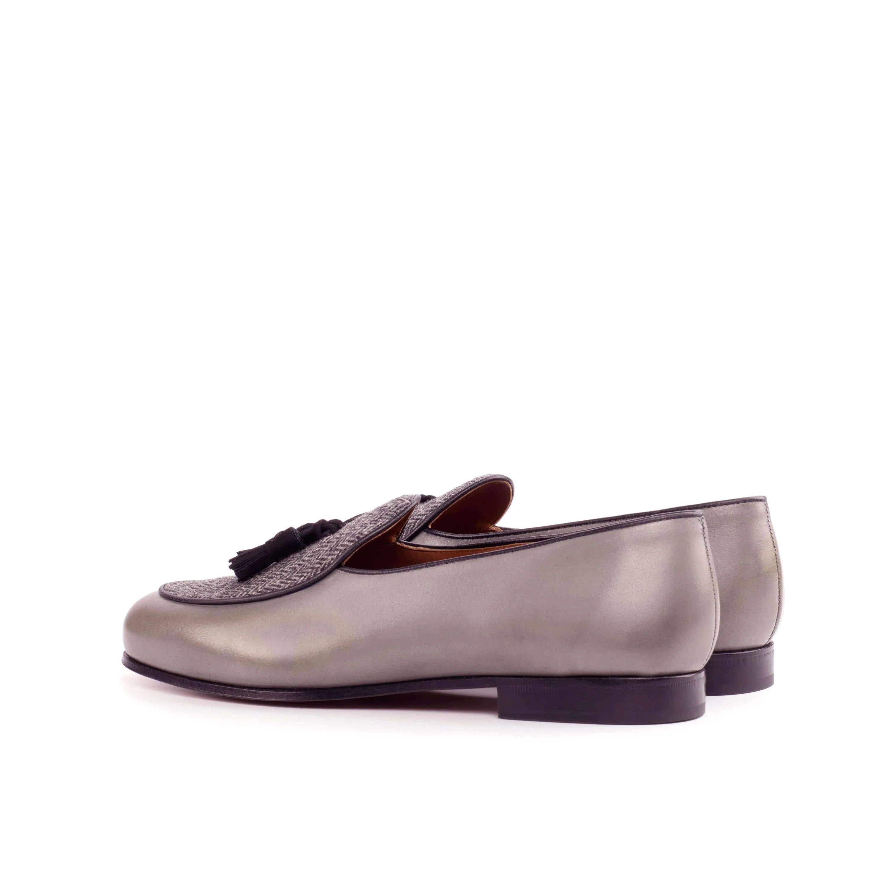 Gray leather tassel loafers from the Boni Belgian Slipper collection in painted calf