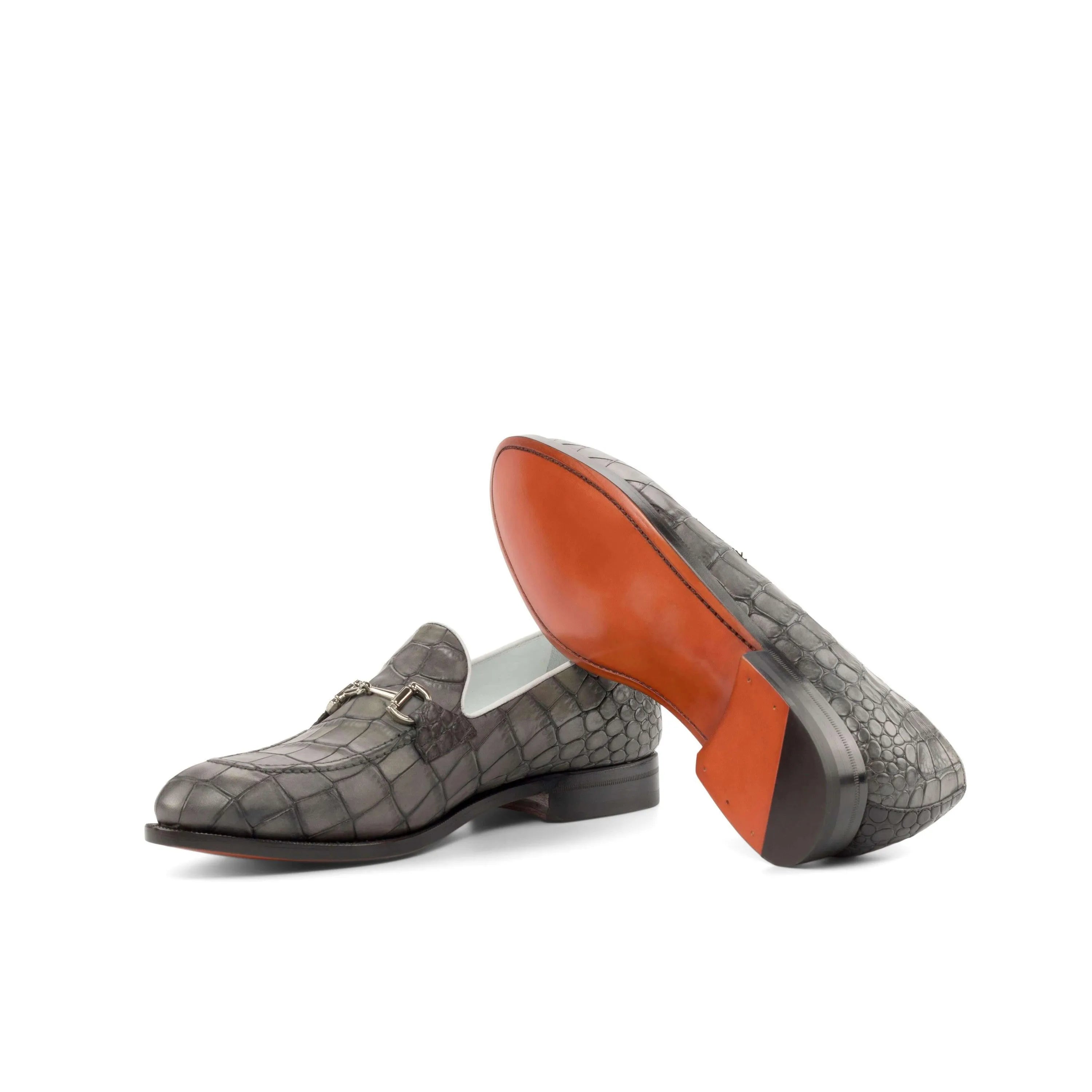Gray crocodile-patterned leather Boris Loafers, a luxury bespoke shoe for men