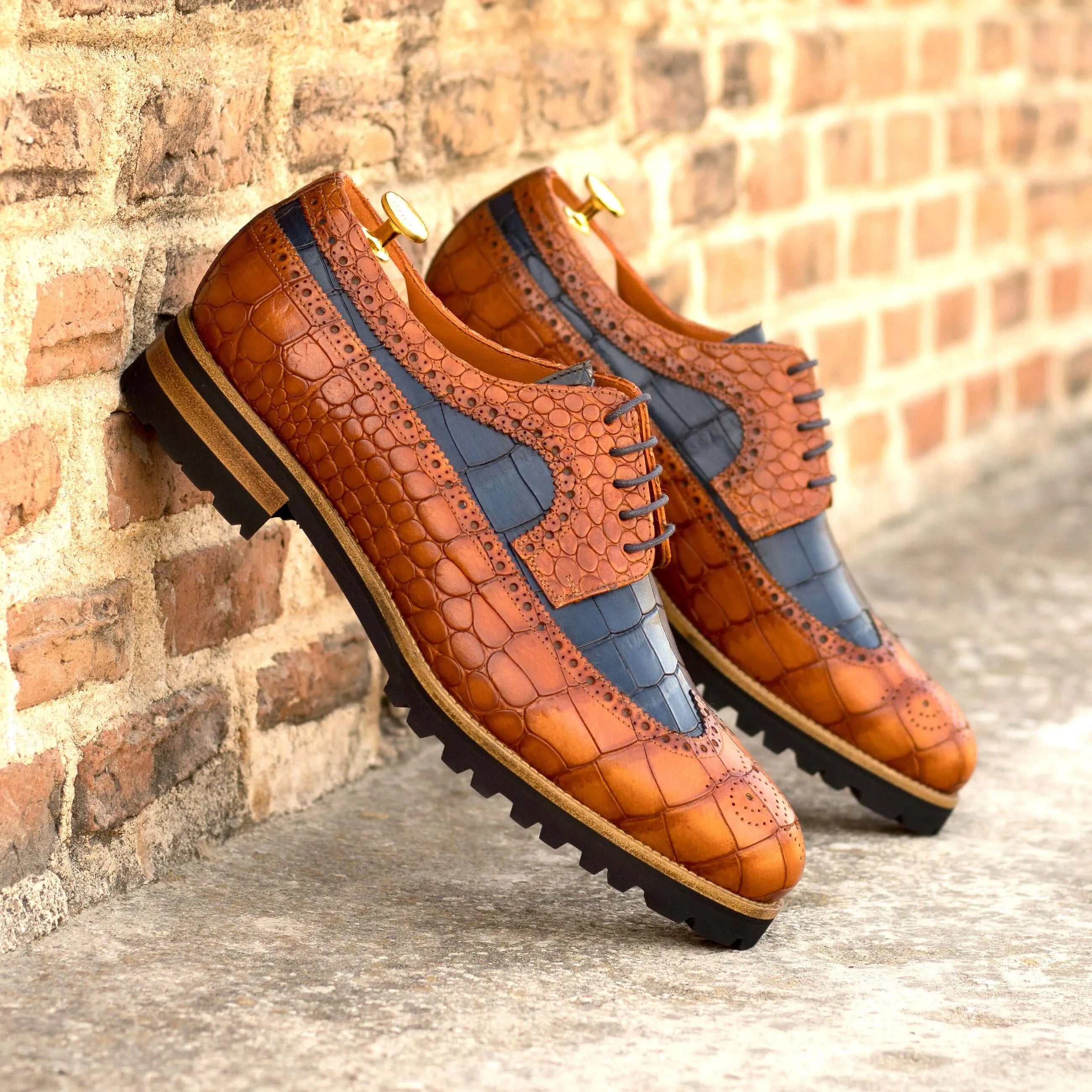 Brown and blue painted croco leather Bornard Longwing Blucher dress shoes