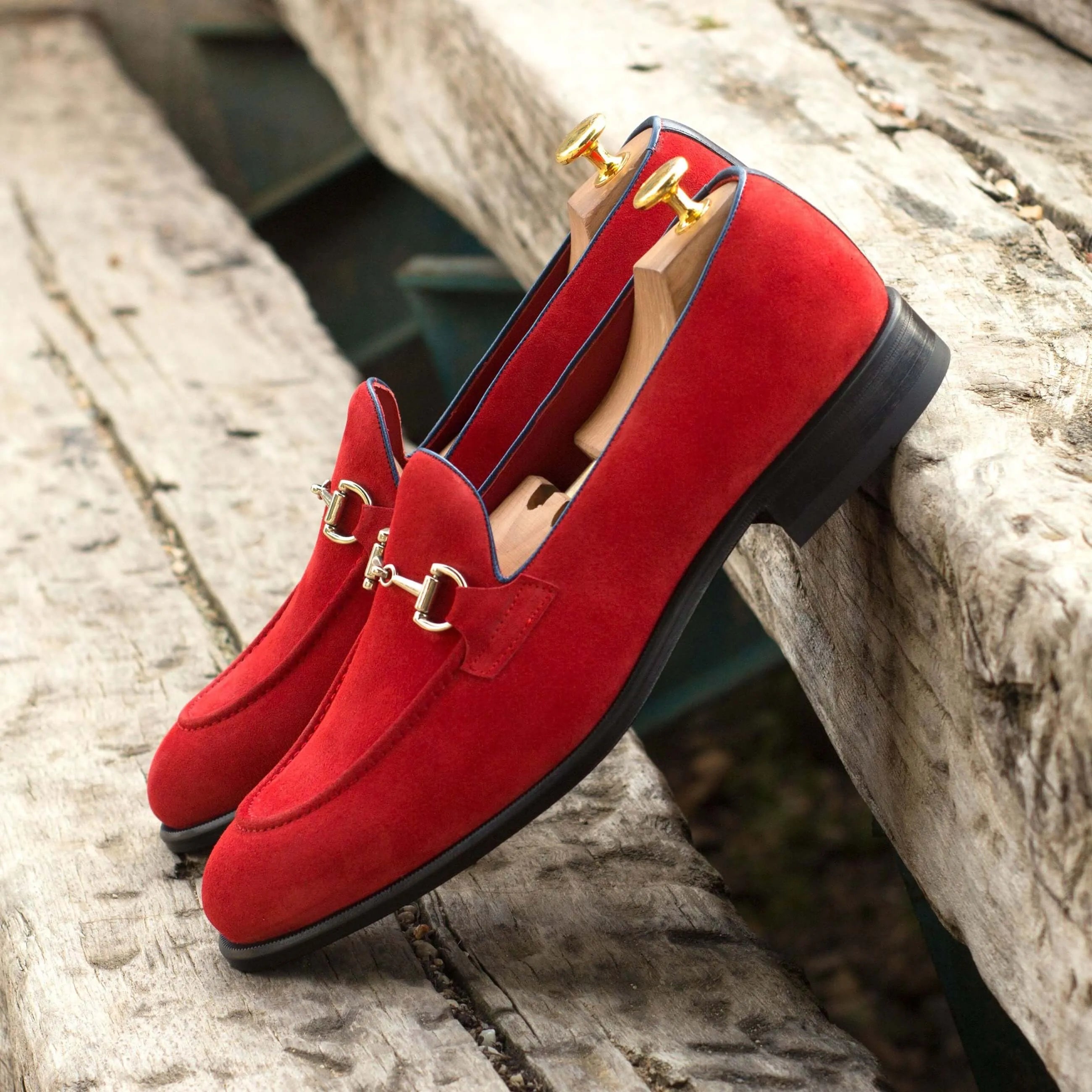 Red suede Bossy Loafers with gold hardware, ideal luxury bespoke shoes for men