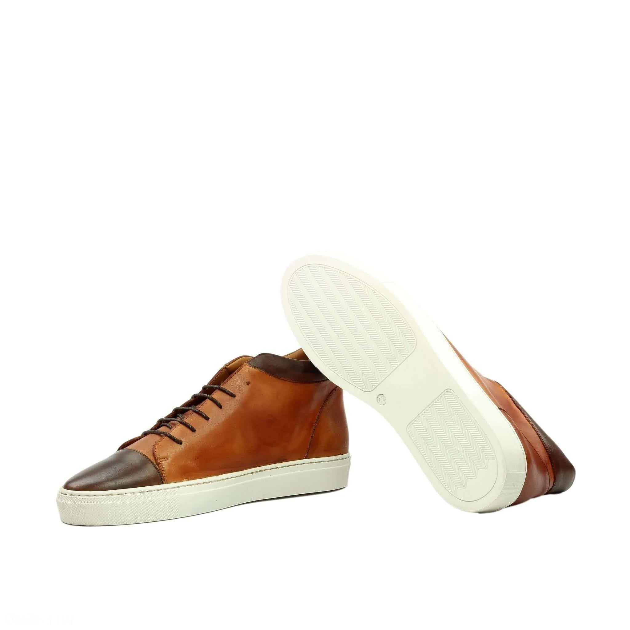 Bowie high top sneakers in brown painted calf leather, luxury bespoke shoes for men