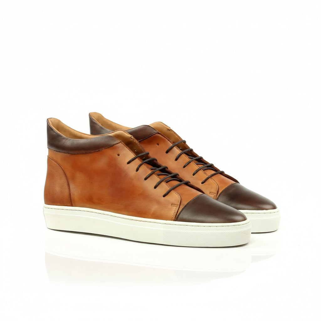 Two-tone leather high-top Bowie high sneakers in painted calf, luxury bespoke shoes for men