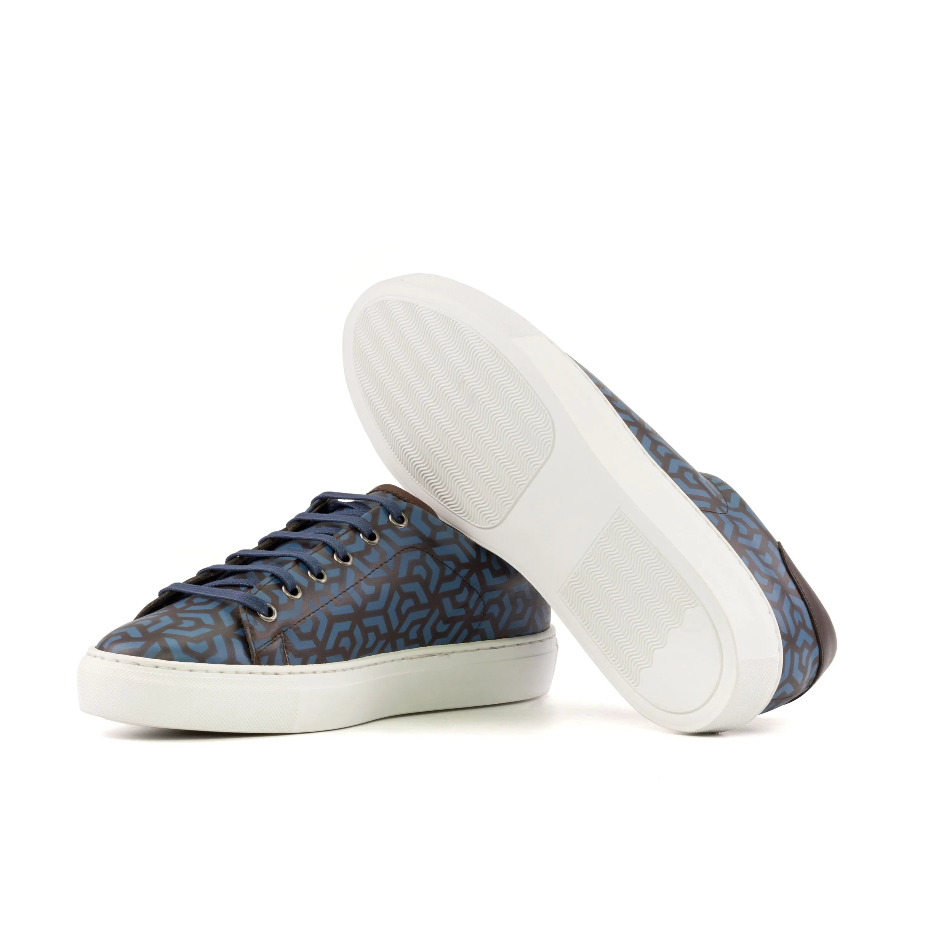 Patterned blue leather sneakers, featuring the Braska Trainer Sneaker design