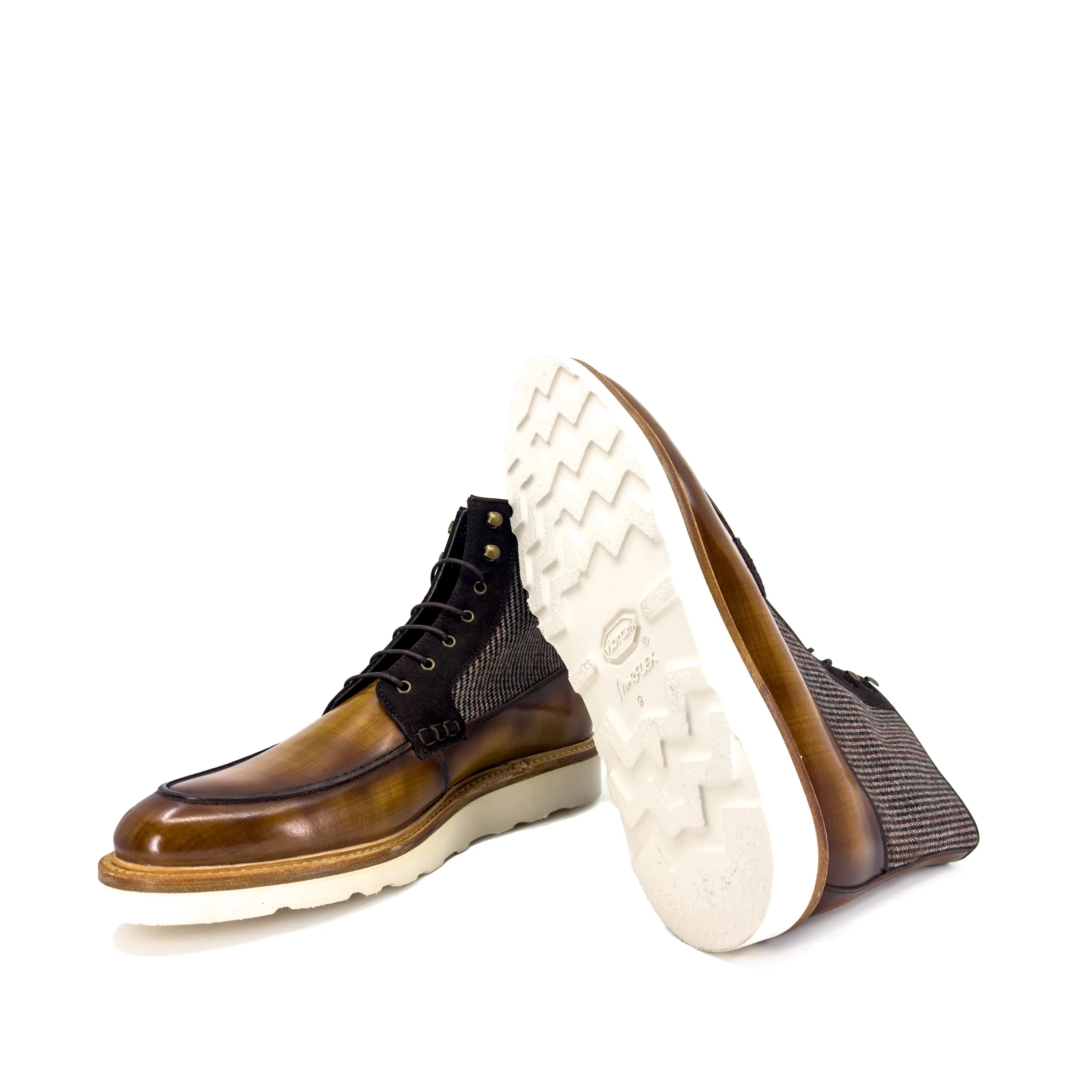 Brown leather and tweed Brooklyn Patina Moc Boot II featuring premium calf leather