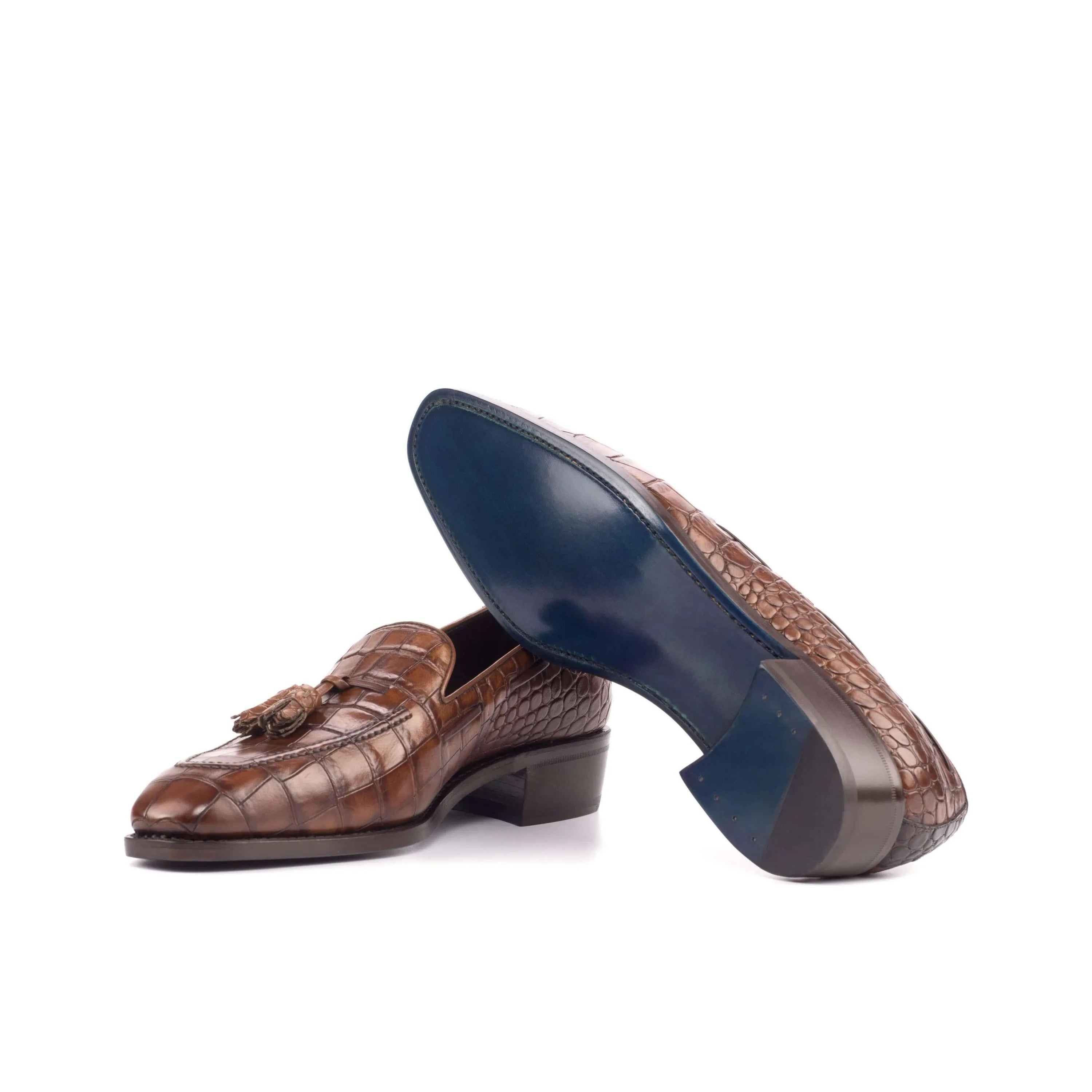 Brown painted croco tassel loafers featuring a chisel toe design by Bruno Croco Loafers