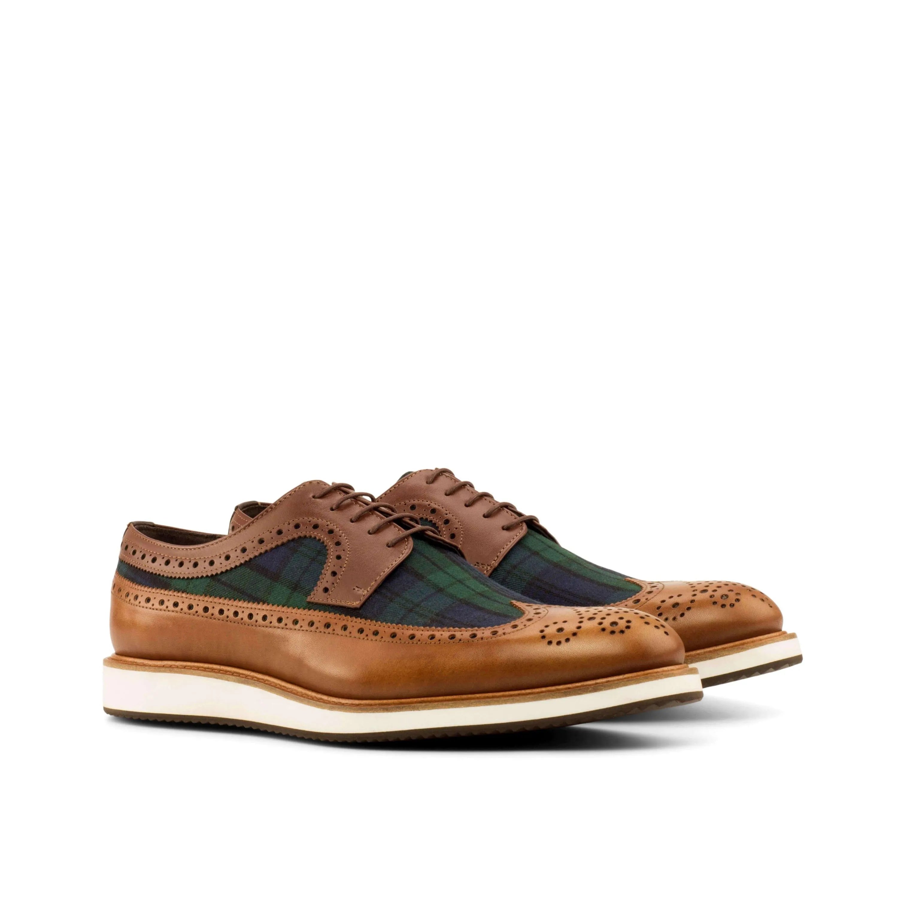 Brown leather and plaid Wingtip shoes from C89 Longwing Blucher, crafted in brown box calf