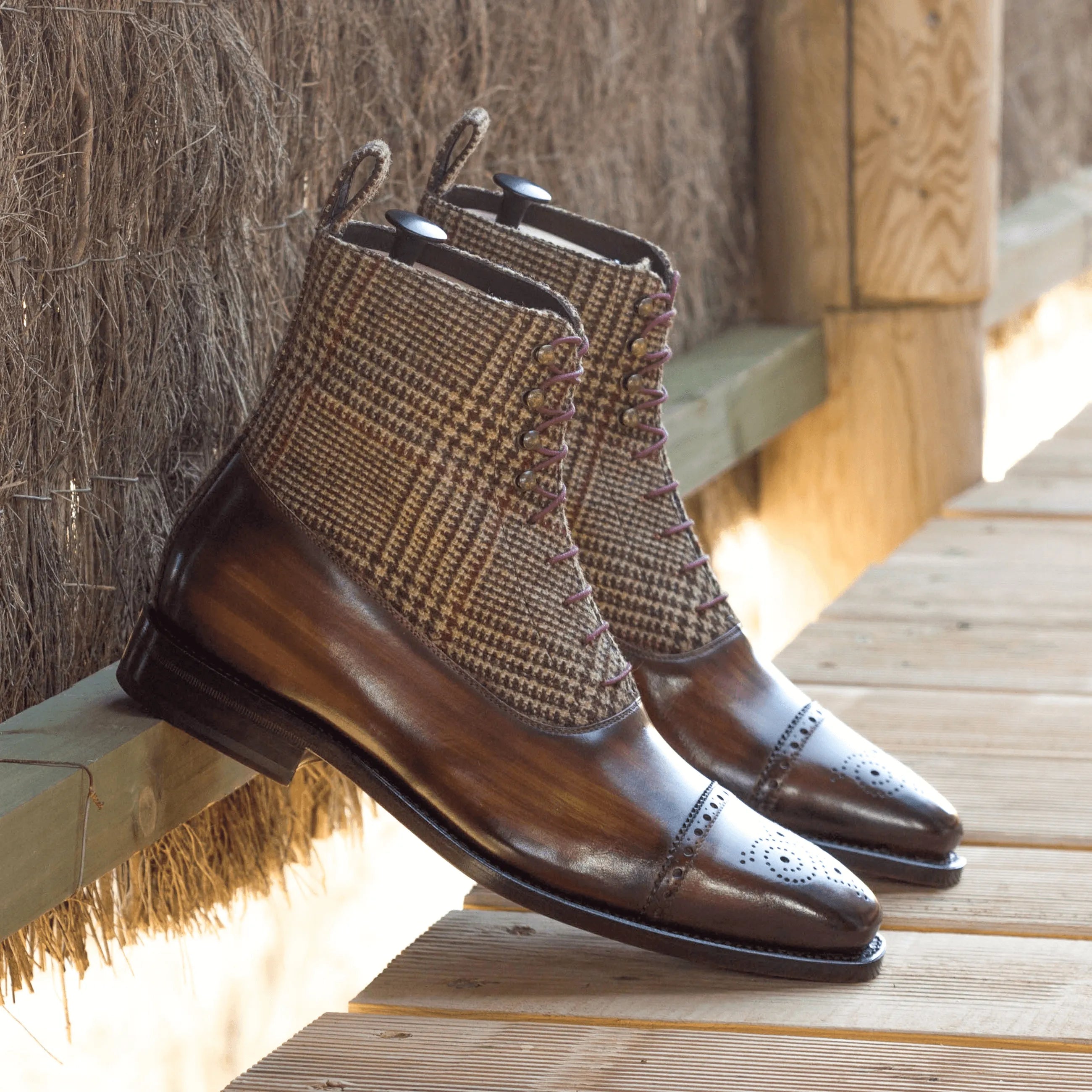 Brown leather and tweed Caine Balmoral Patina Boots ideal for stylish footwear