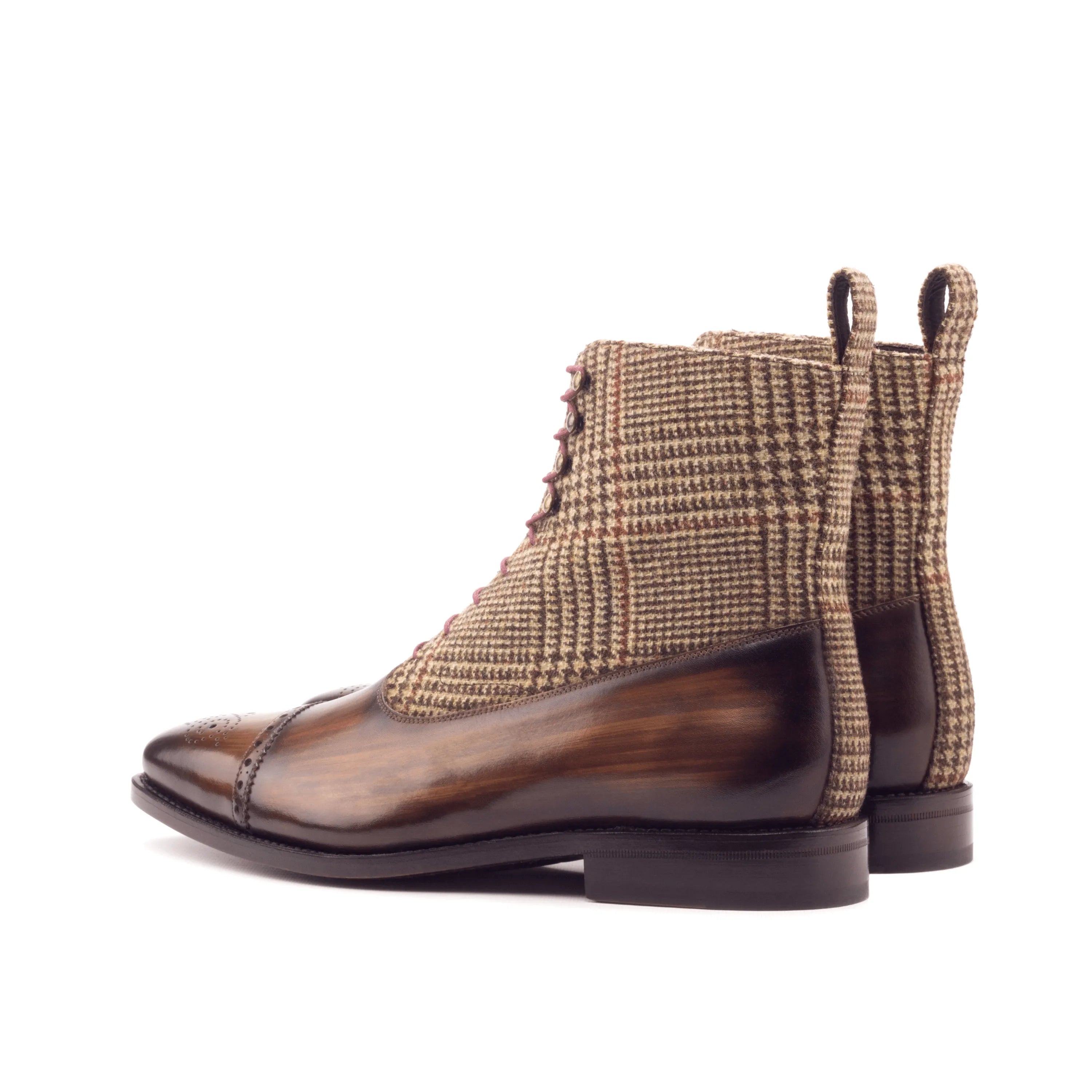Brown leather and tweed lace-up Caine Balmoral Patina Boots for stylish versatility