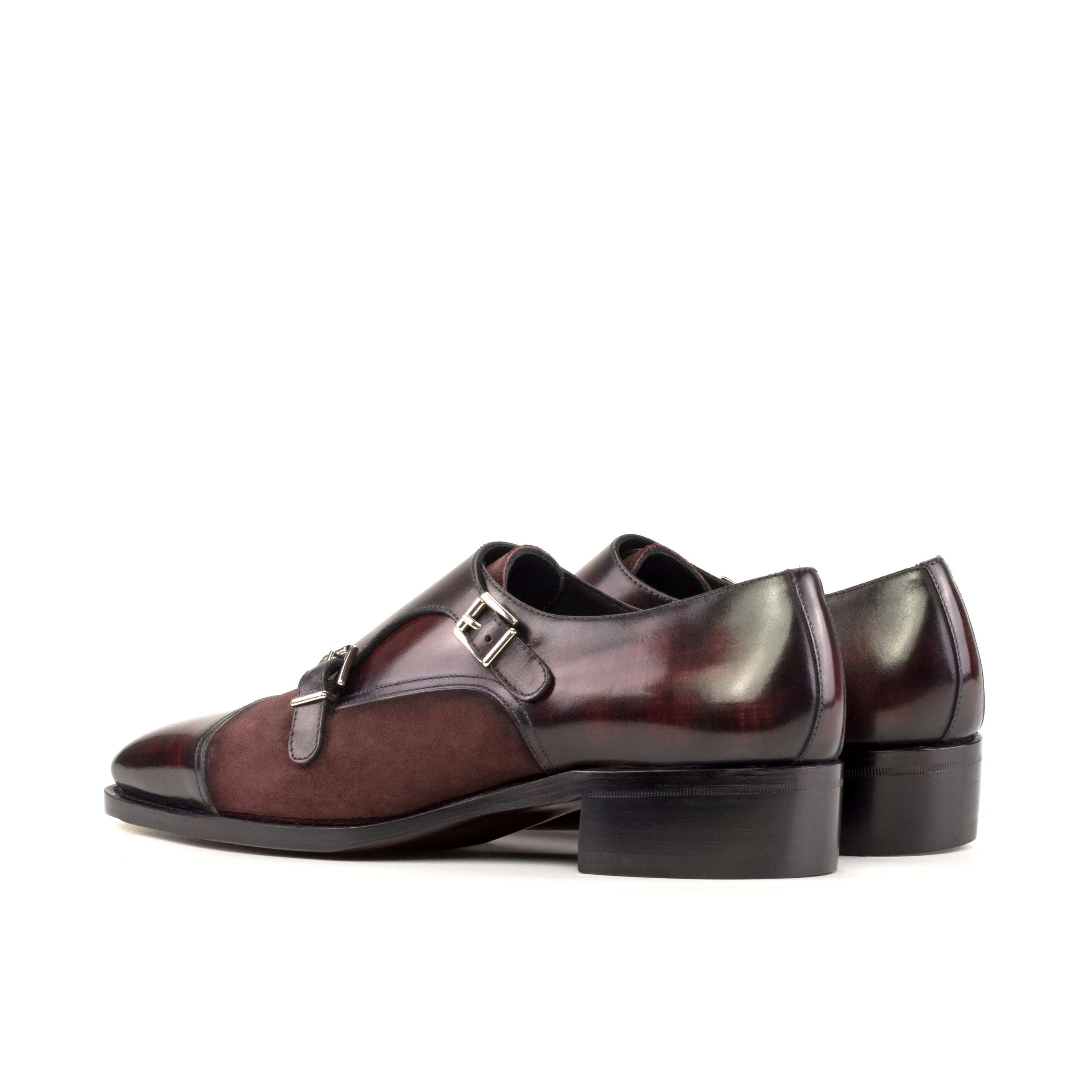Burgundy leather Calvary Double Monk Patina shoes showcasing elegant double monk design