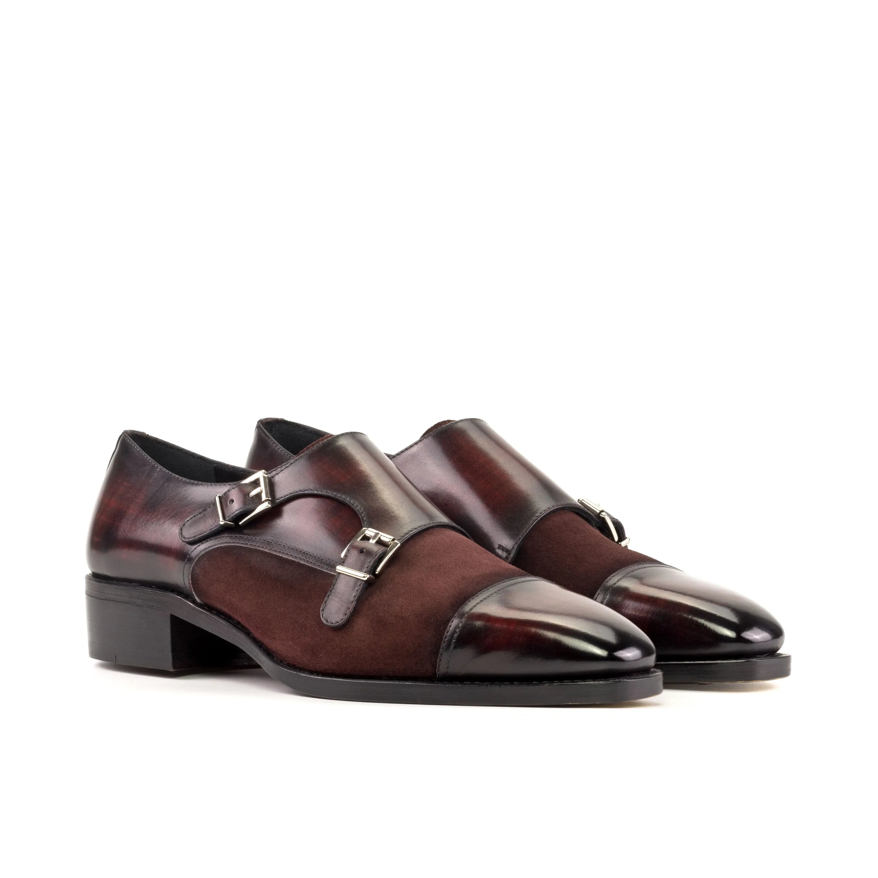 Burgundy leather Calvary Double Monk Patina shoes showcasing elegant craftsmanship
